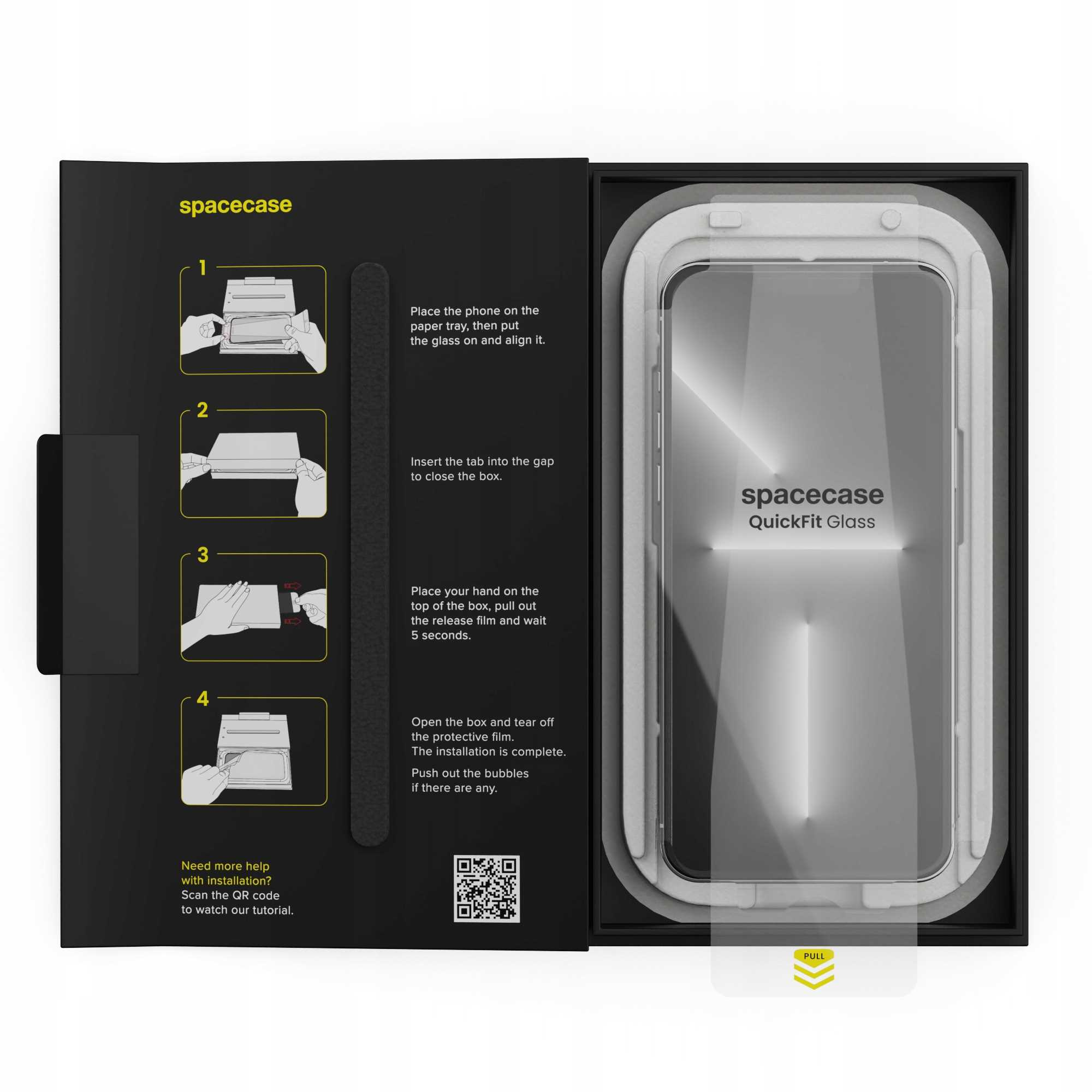 Pudełko na osłonę ekranu telefonu. Instrukcje szczegółowo opisują kroki instalacji. Ochraniacz znajduje się wewnątrz pudełka, z napisem 'QuickFit Glass'.