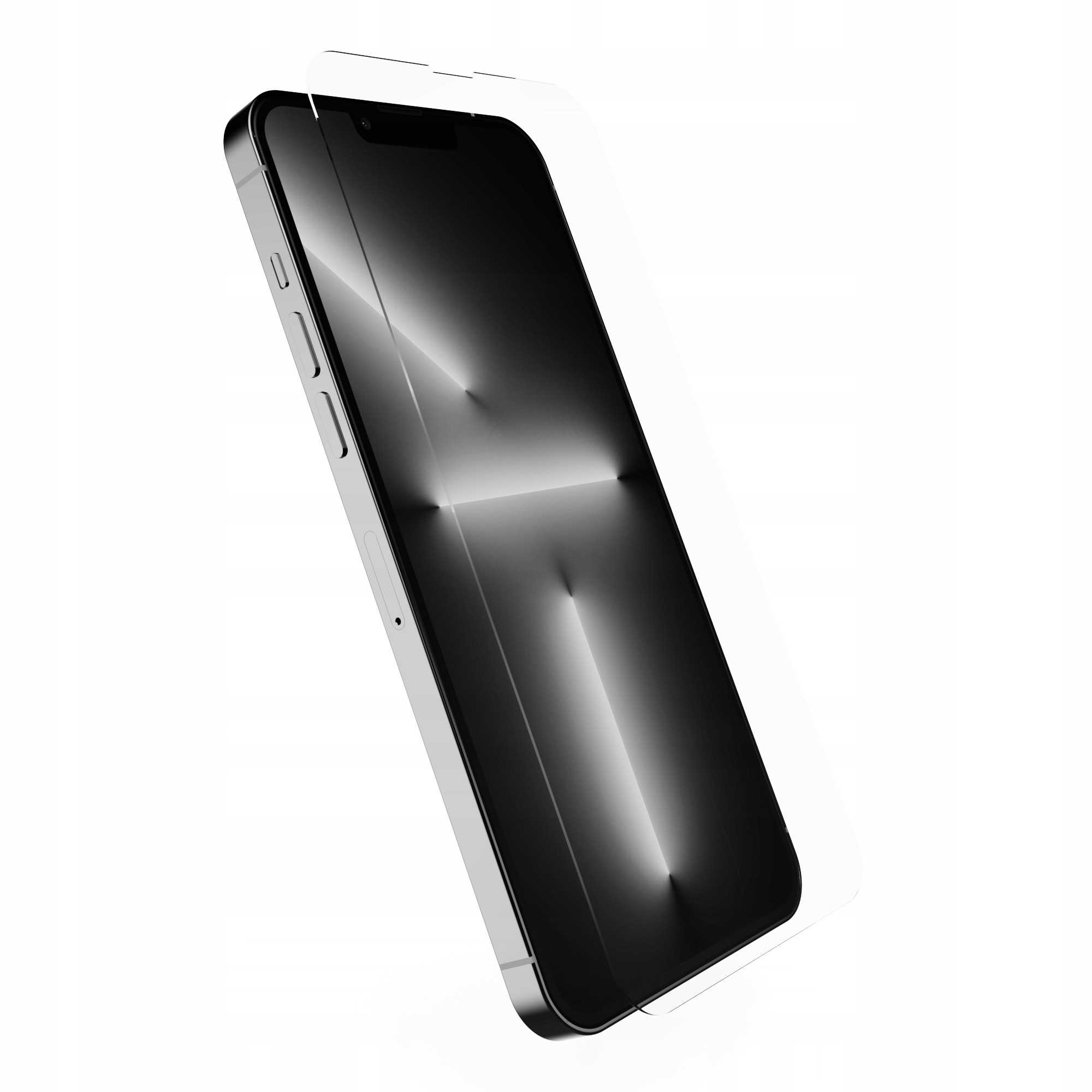 Smartfon z ochraniaczem ekranu jest pochylony. Telefon jest czarny, ochraniacz jest przezroczysty. Tło jest białe.