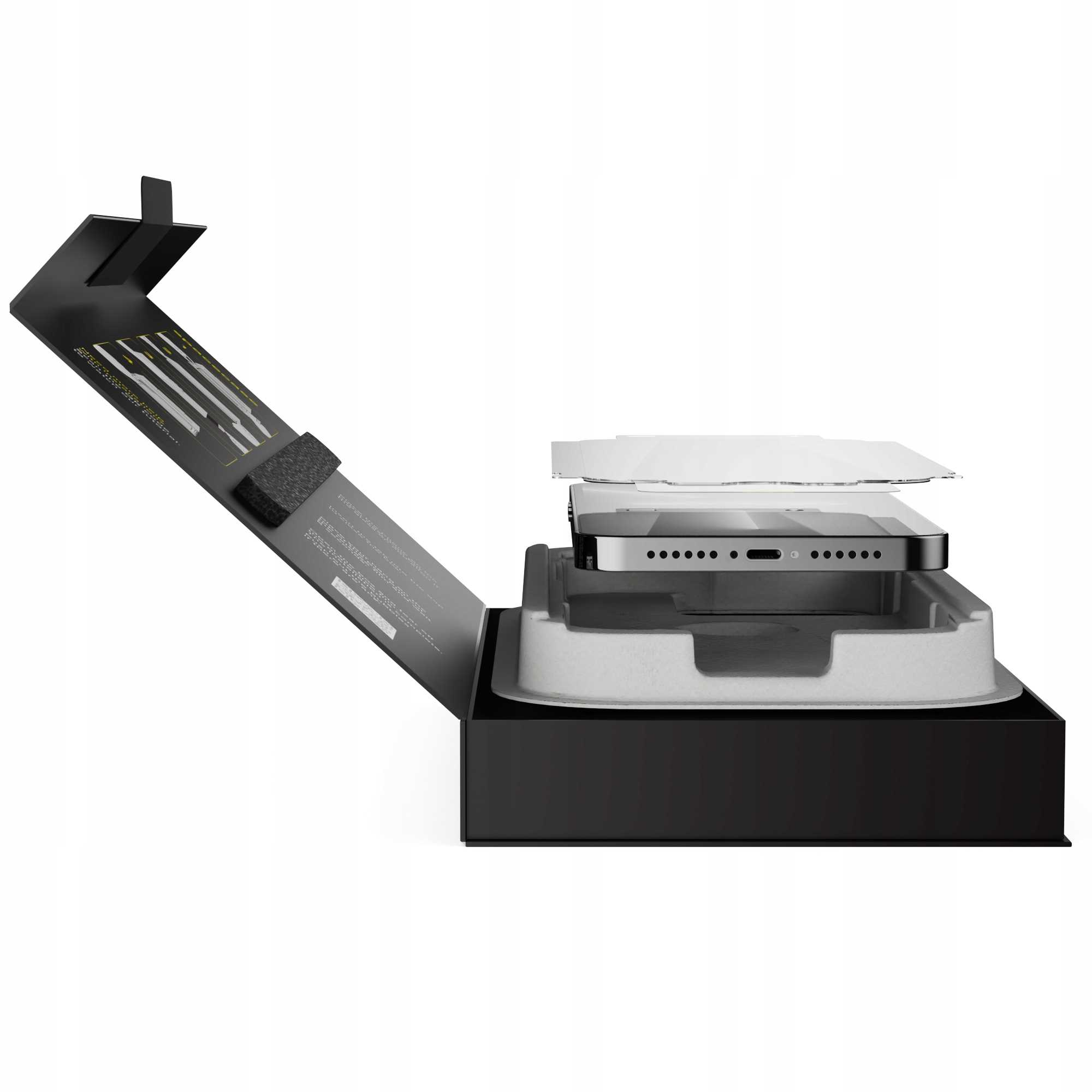 Pudełko z telefonem i ochraniaczem ekranu. Czarne pudełko z instrukcjami. Telefon w białym uchwycie, ochraniacz ekranu nad nim.