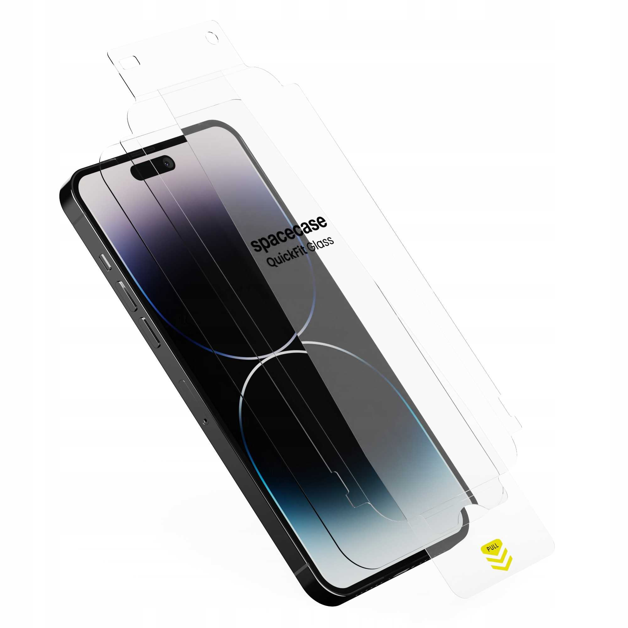 iPhone spoczywa pod ochraniaczem ekranu. Ochraniacz jest częściowo odklejony, odsłaniając telefon i 'spacecase QuickFit Glass'.