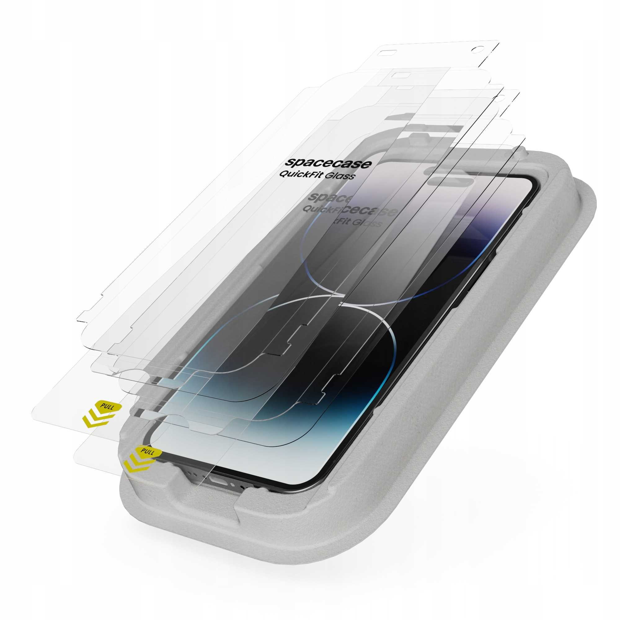 Smartfon i ochraniacze ekranu w szarym pojemniku. Ochraniacz ekranu ma markę spacecase.