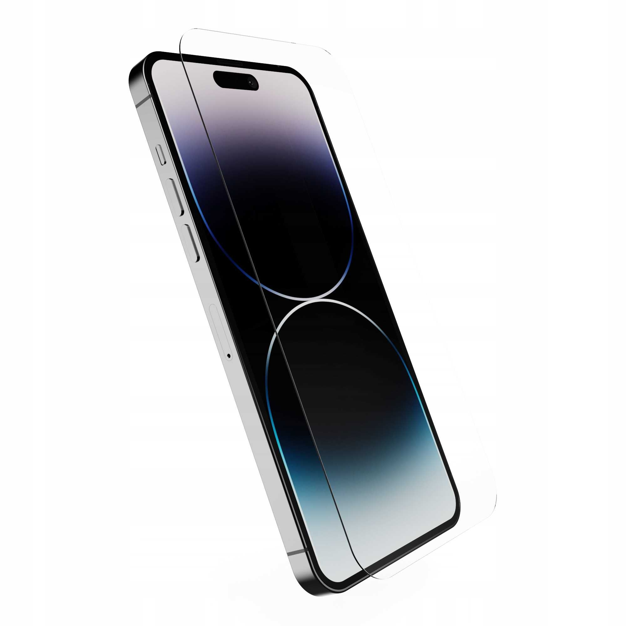 Srebrny smartfon z ochroną ekranu. Ekran wyświetla ciemny gradient. Tło jest białe.