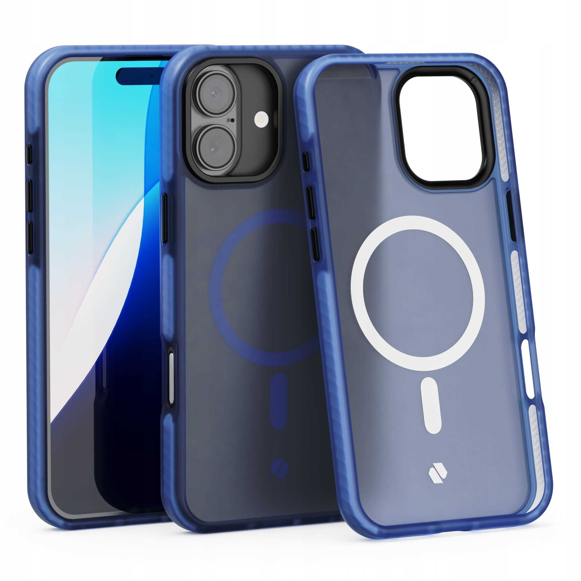 Trzy niebieskie etui na telefon, dwa otaczające telefon. Jedno etui ma biały pierścień i znak minusa.