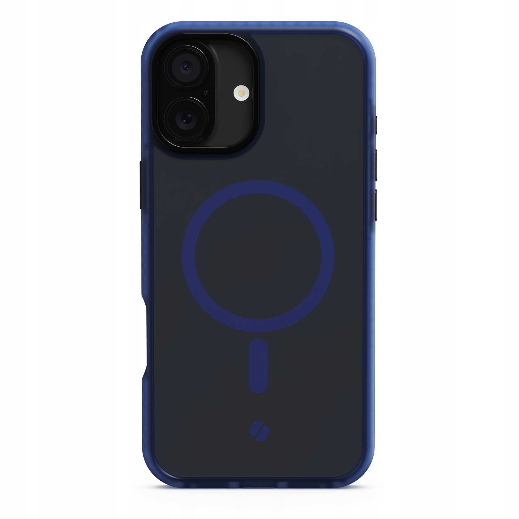 Czarny smartfon z niebieskim etui. Tył ma niebieskie koło, linię i logo. Aparat jest widoczny na górze.