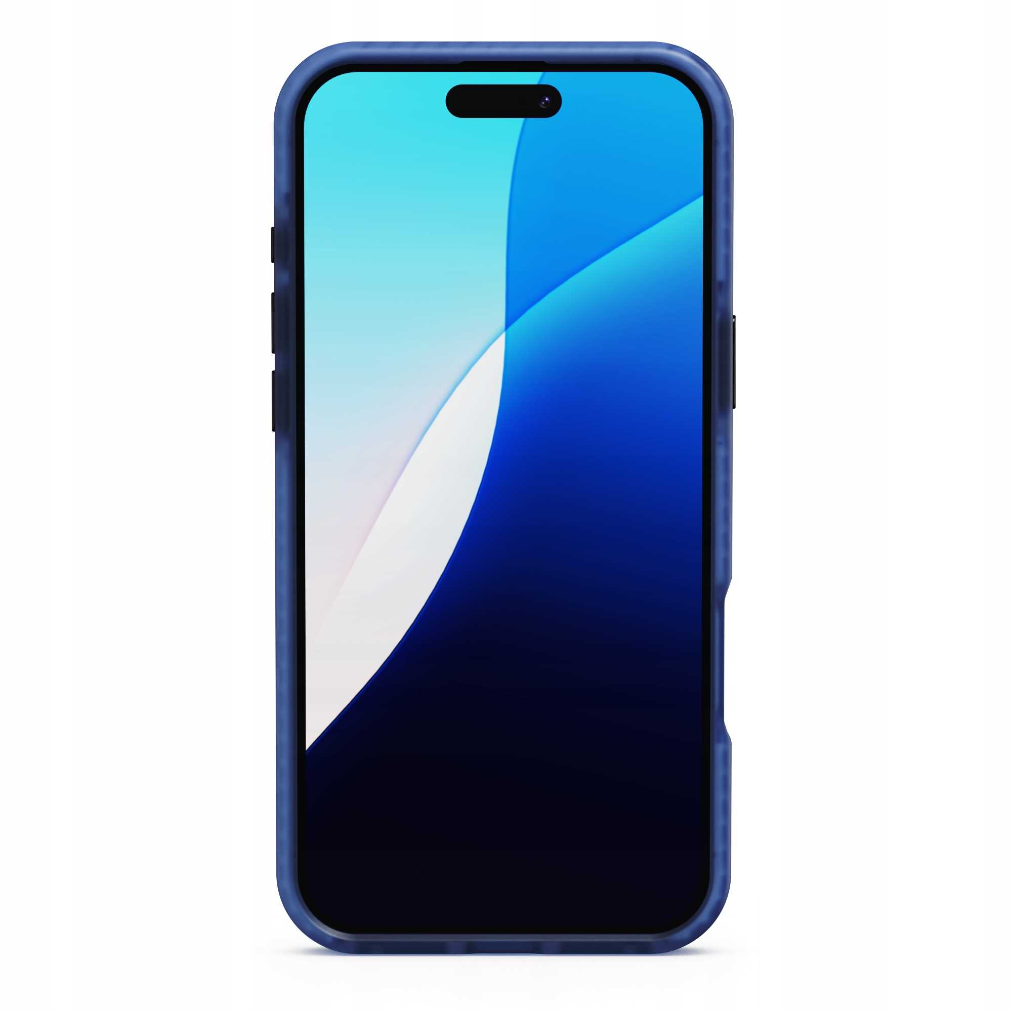 Smartfon w niebieskim etui. Ekran wyświetla niebiesko-biały gradient. Telefon jest wyśrodkowany na białym tle.