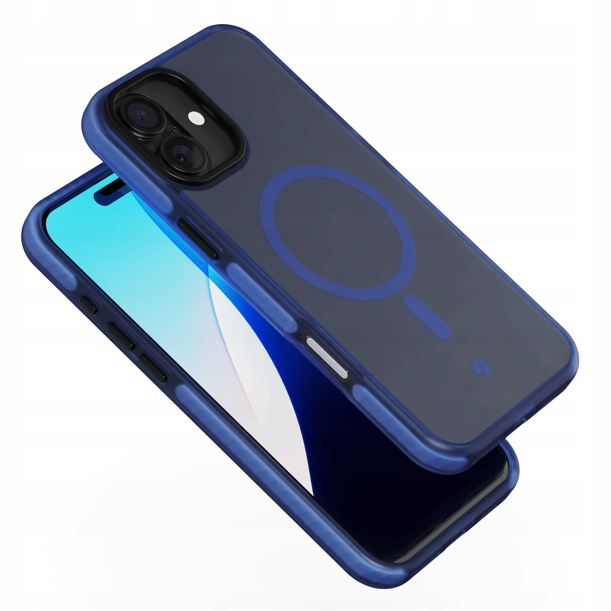 Niebieskie etui na telefon z przezroczystym tyłem i telefonem w środku. Etui ma magnetyczne koło i niebieską ramkę.