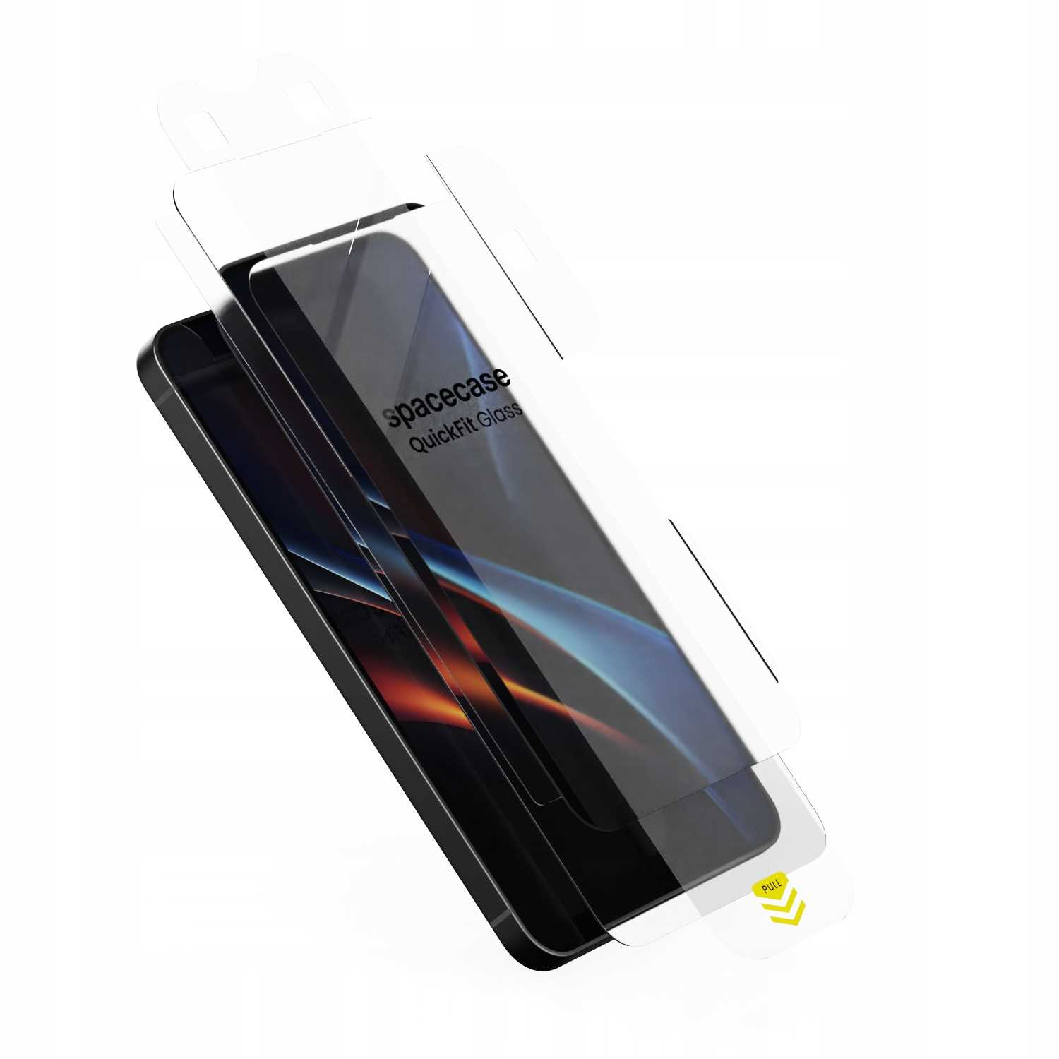 Czarny smartfon z ochraniaczem ekranu w białym opakowaniu. Na opakowaniu napis 'spacecase QuickFit Glass'.