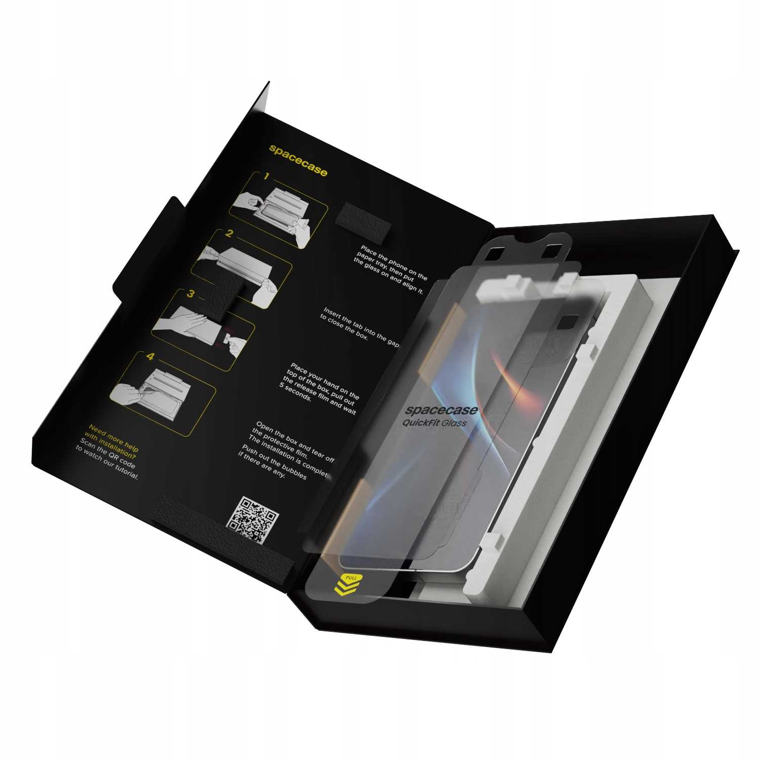 Czarne pudełko z osłoną ekranu telefonu. Instrukcje na pokrywie. Wewnątrz ochraniacz na telefon, z napisem 'spacecase QuickFit Glass'.