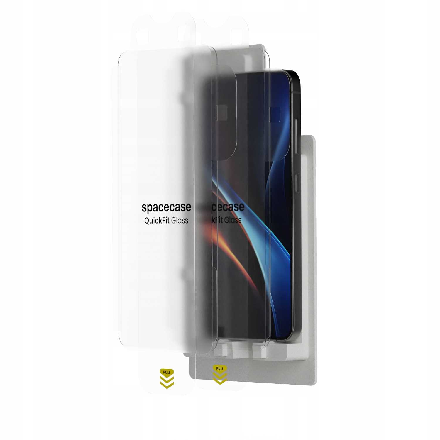 Ochraniacz ekranu do telefonu w przezroczystym plastikowym opakowaniu. Opakowanie pokazuje telefon w środku. Tekst: spacecase QuickFit Glass i ce case kit Glass.