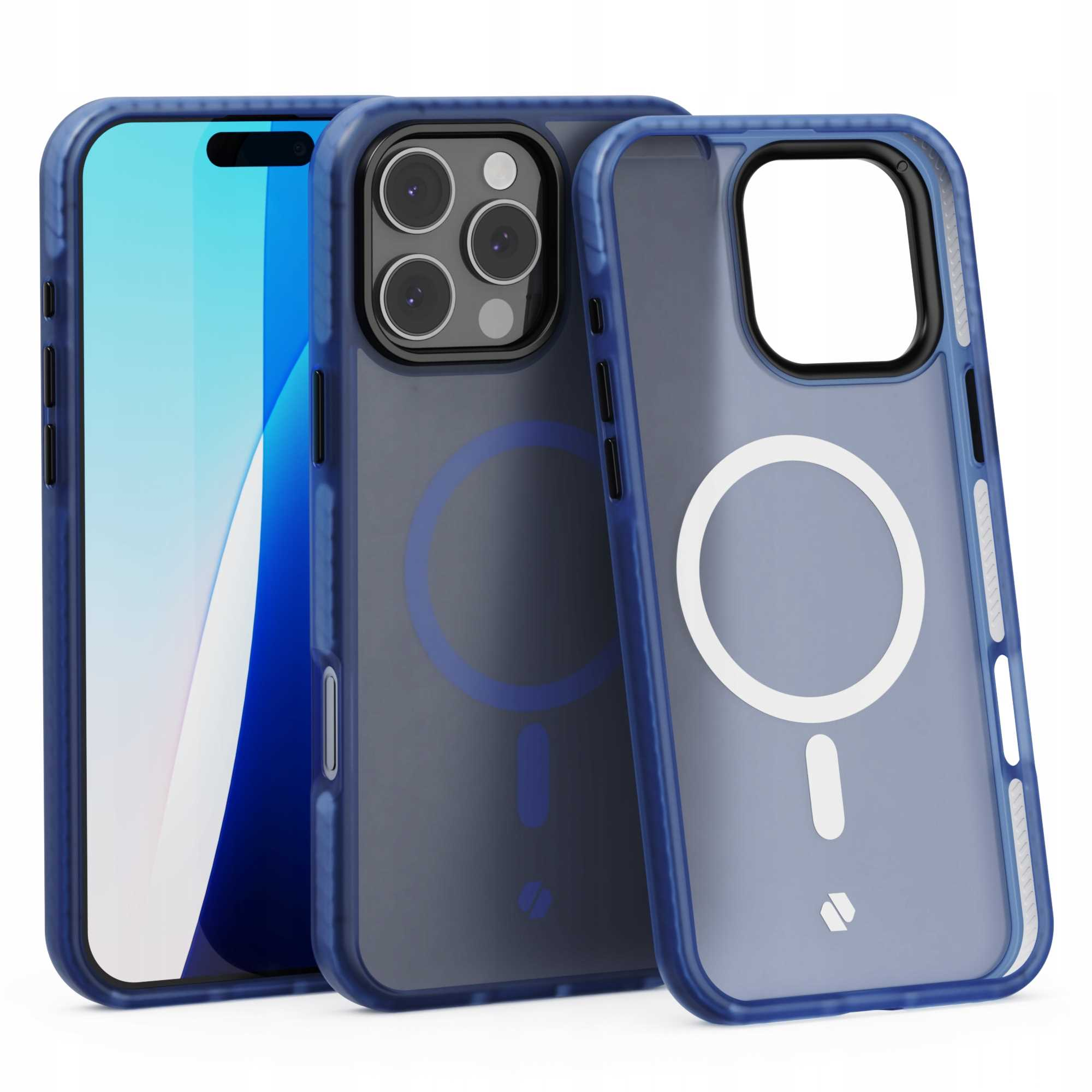 Trzy przezroczyste etui na telefon z niebieskimi obramowaniami. Jedno ma w środku telefon. Każde ma magnetyczny pierścień.