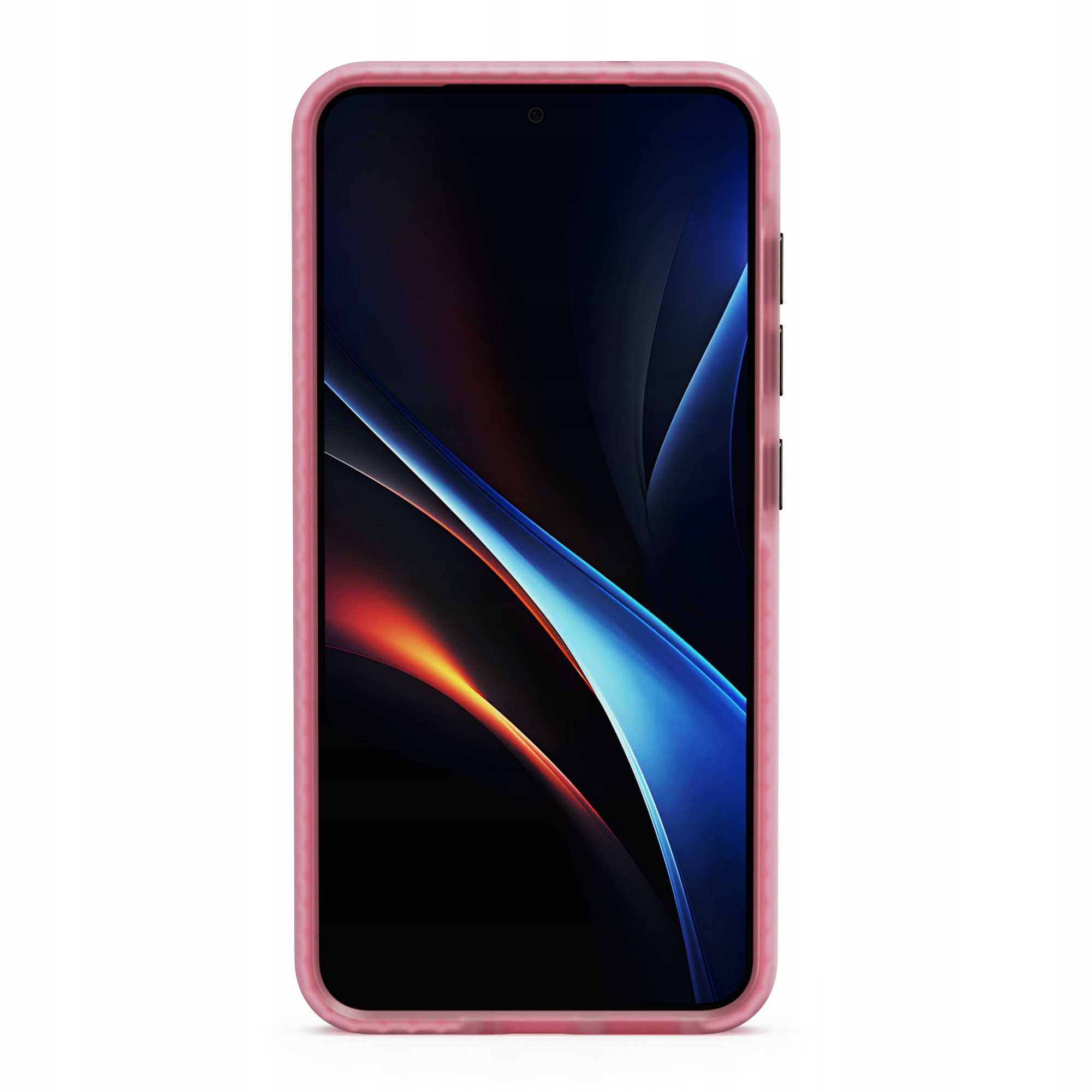 Smartfon w różowym etui. Ekran wyświetla kolorowy, abstrakcyjny wzór z pomarańczowymi i niebieskimi odcieniami.