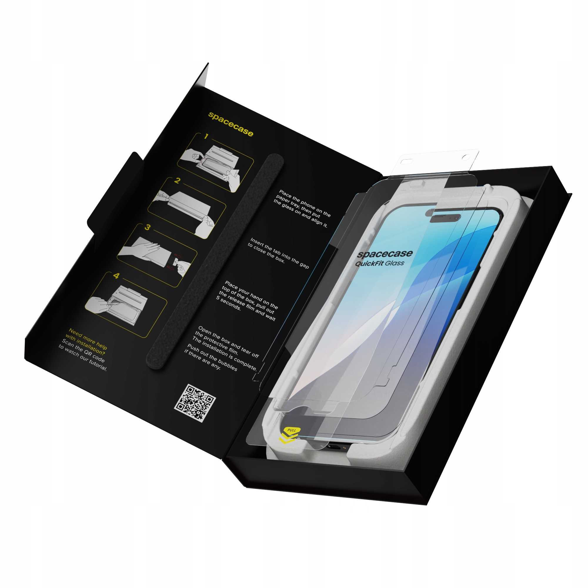 Pudełko na osłonę ekranu telefonu jest otwarte. Widoczne są instrukcje i produkt. Tekst brzmi: „spacecase QuickFit Glass”.