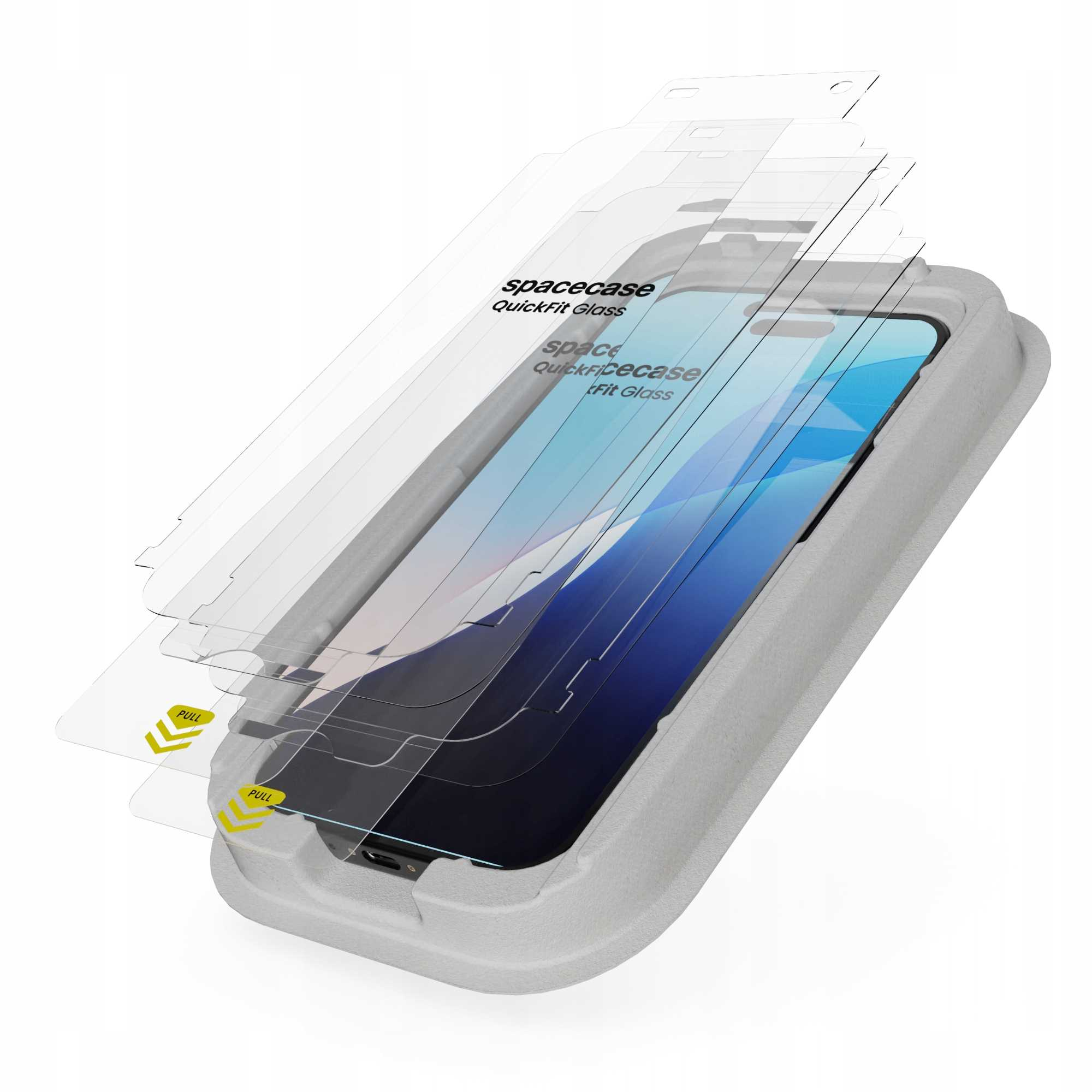 Smartfon z ochraniaczami ekranu i opakowaniem. Przezroczyste ochraniacze są warstwowe, a szara tacka trzyma telefon.