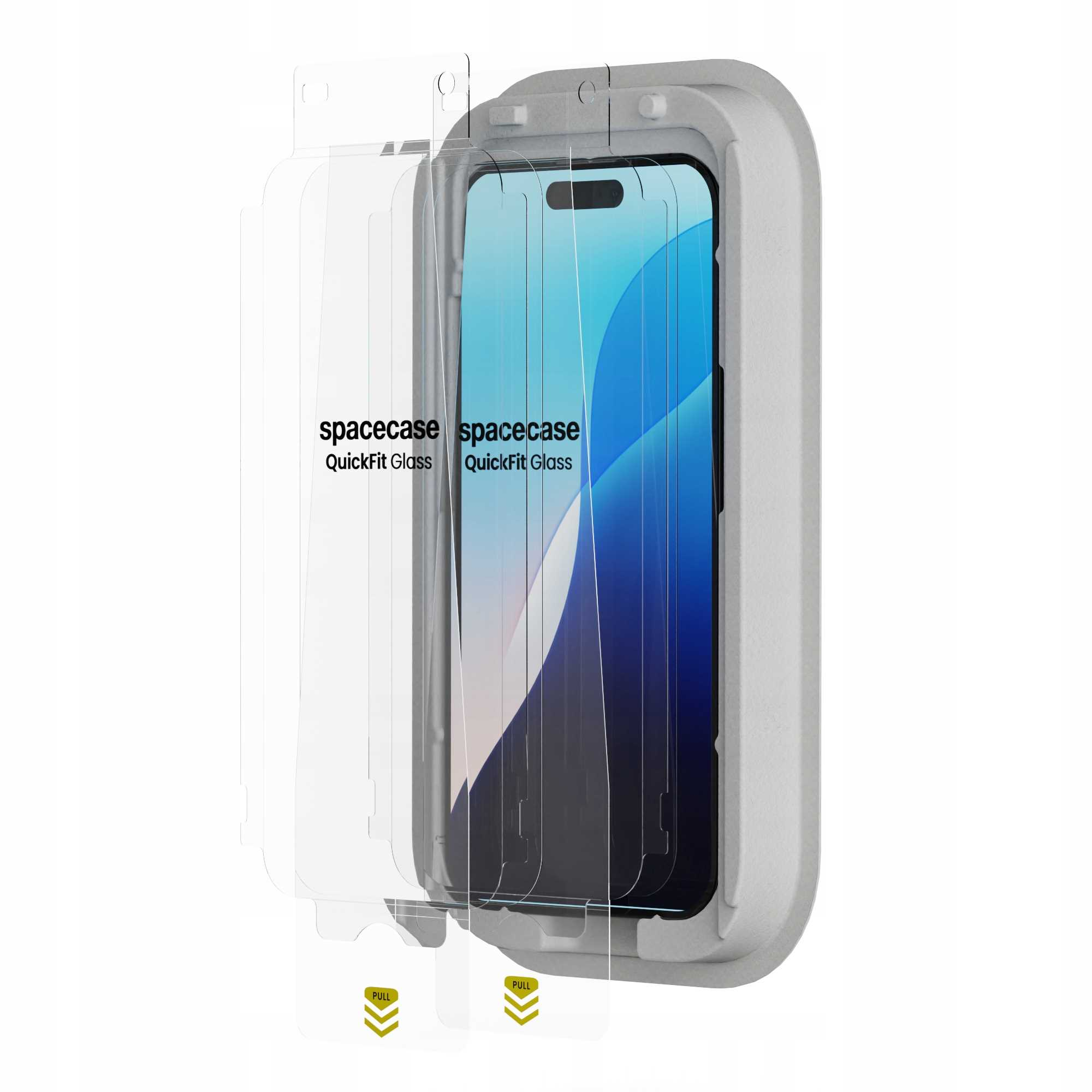 Zestaw ochraniacza ekranu telefonu, w tym telefon, arkusze ochronne i szare etui.
