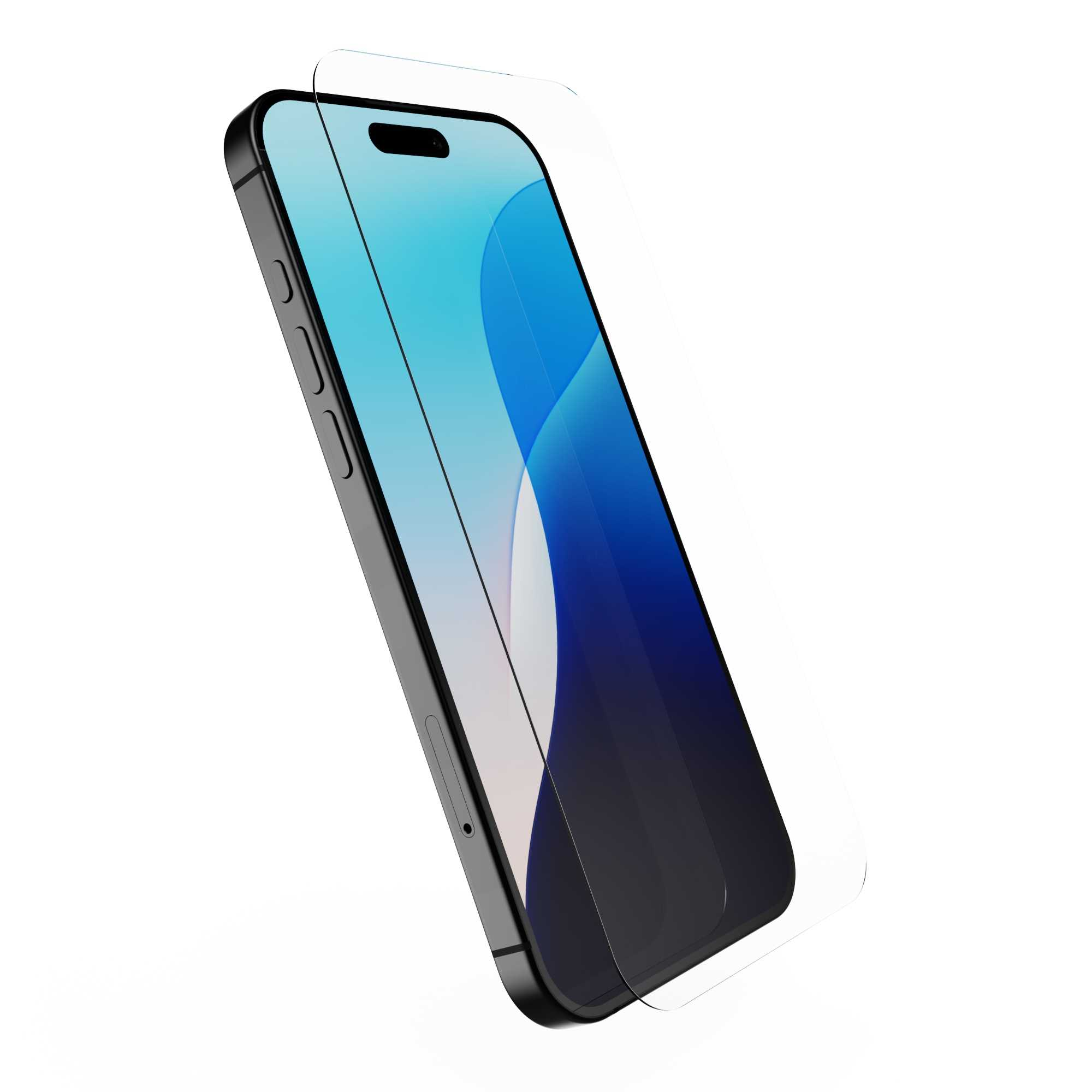 Czarny smartfon z osłoną ekranu na białym tle. Ekran wyświetla niebieskie i białe gradienty.