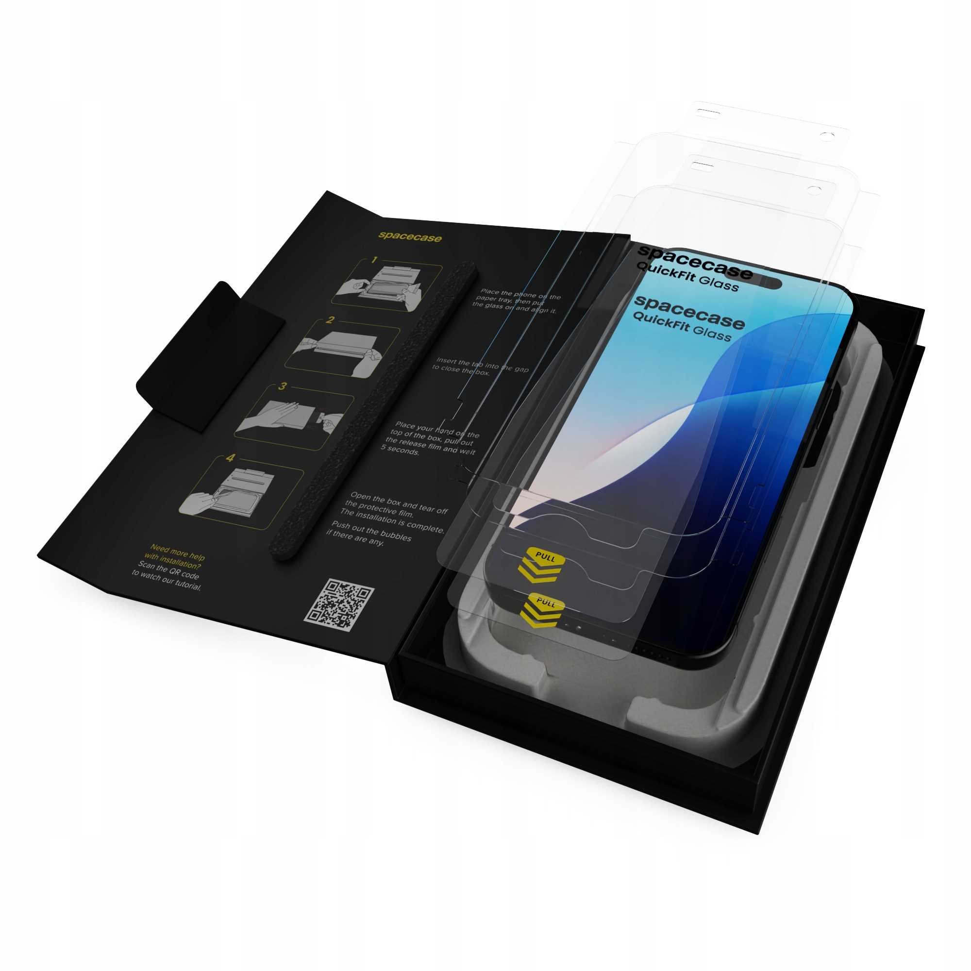 Pudełko z ochraniaczem ekranu telefonu. Instrukcje po lewej, ochraniacz i telefon wewnątrz pudełka. Etykieta 'Spacecase QuickFit Glass'.