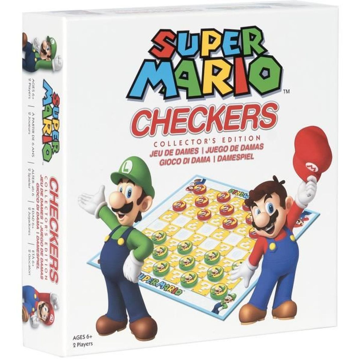 Super Mario Checkers Collector's Edition Spielbox. Mario und Luigi stehen neben dem Schachbrett. Rote und gelbe Schachfiguren sind platziert.