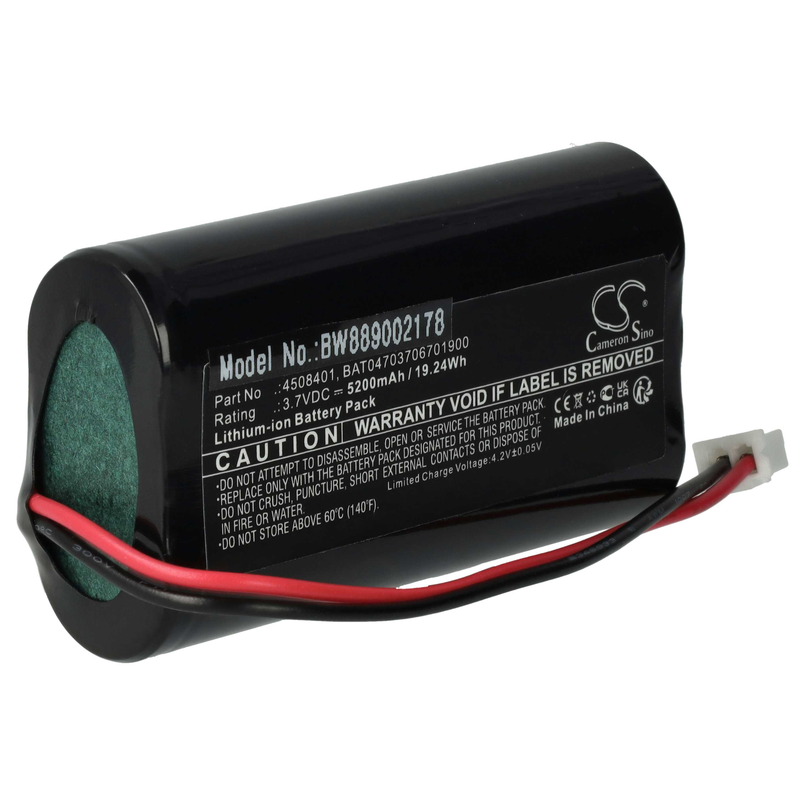 Ein schwarzer Akku mit Etiketten, roten und schwarzen Drähten und einem weißen Stecker. Er hat Text und ein Cameron Sino-Logo.