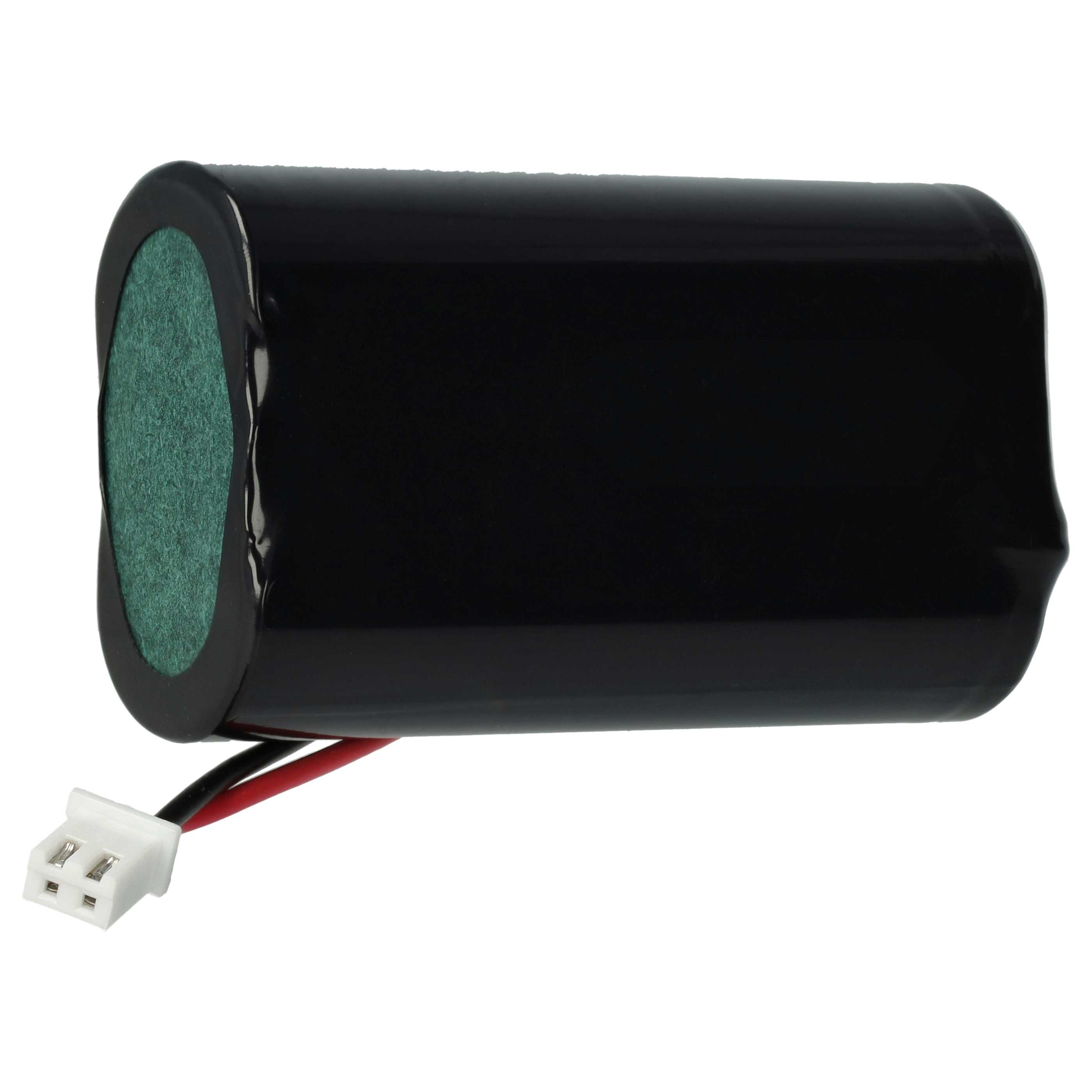 Eine schwarze zylindrische Batterie mit grünem Filz an einem Ende. Drähte und ein weißer Stecker sind angebracht.