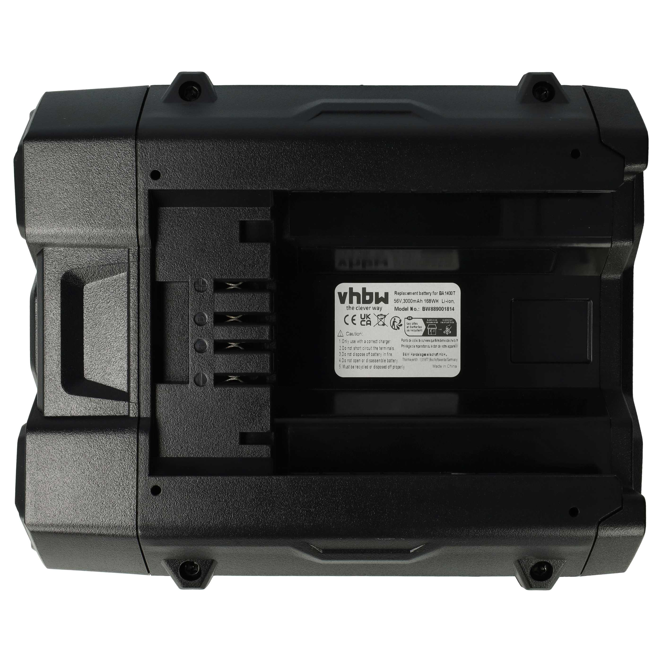 Ein schwarzes Batteriepack mit weißem Text und einem Warnhinweis ist abgebildet.