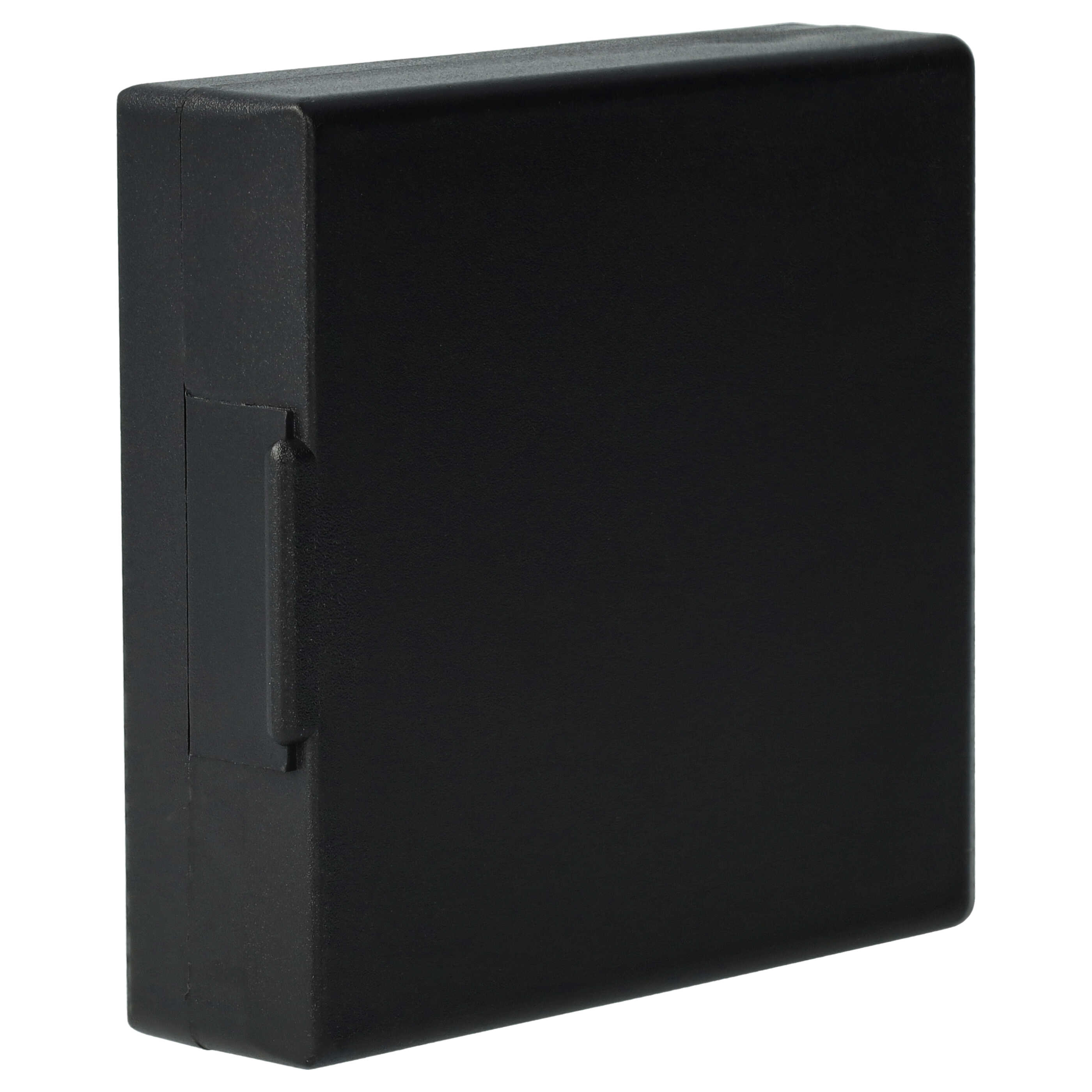Eine schwarze rechteckige Box mit einer kleinen Vertiefung an der Seite vor weißem Hintergrund.
