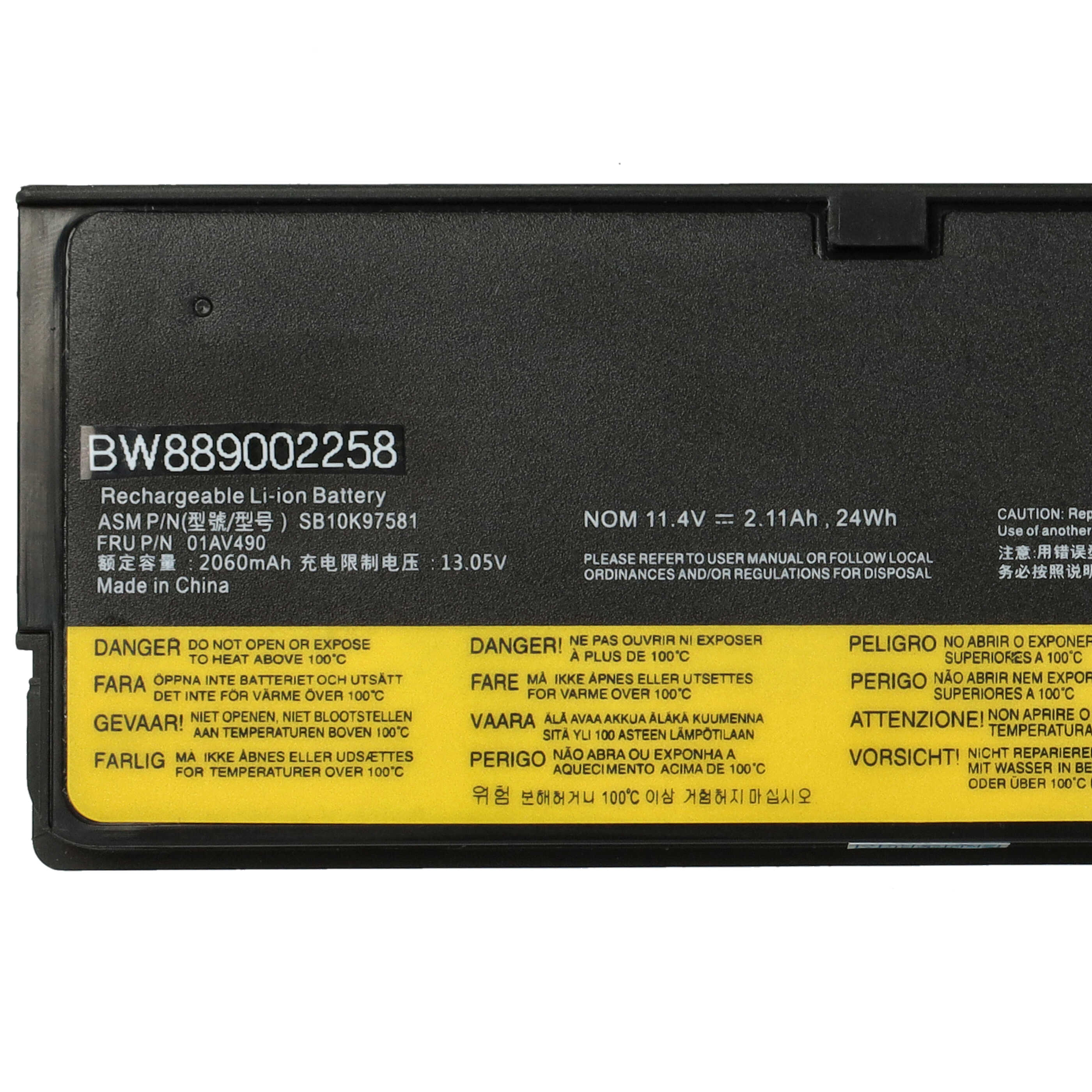 Schwarzes Batterieetikett mit Text und Warnhinweisen. Enthält Modell- und Sicherheitsinformationen. Gelber und weißer Text auf Schwarz.