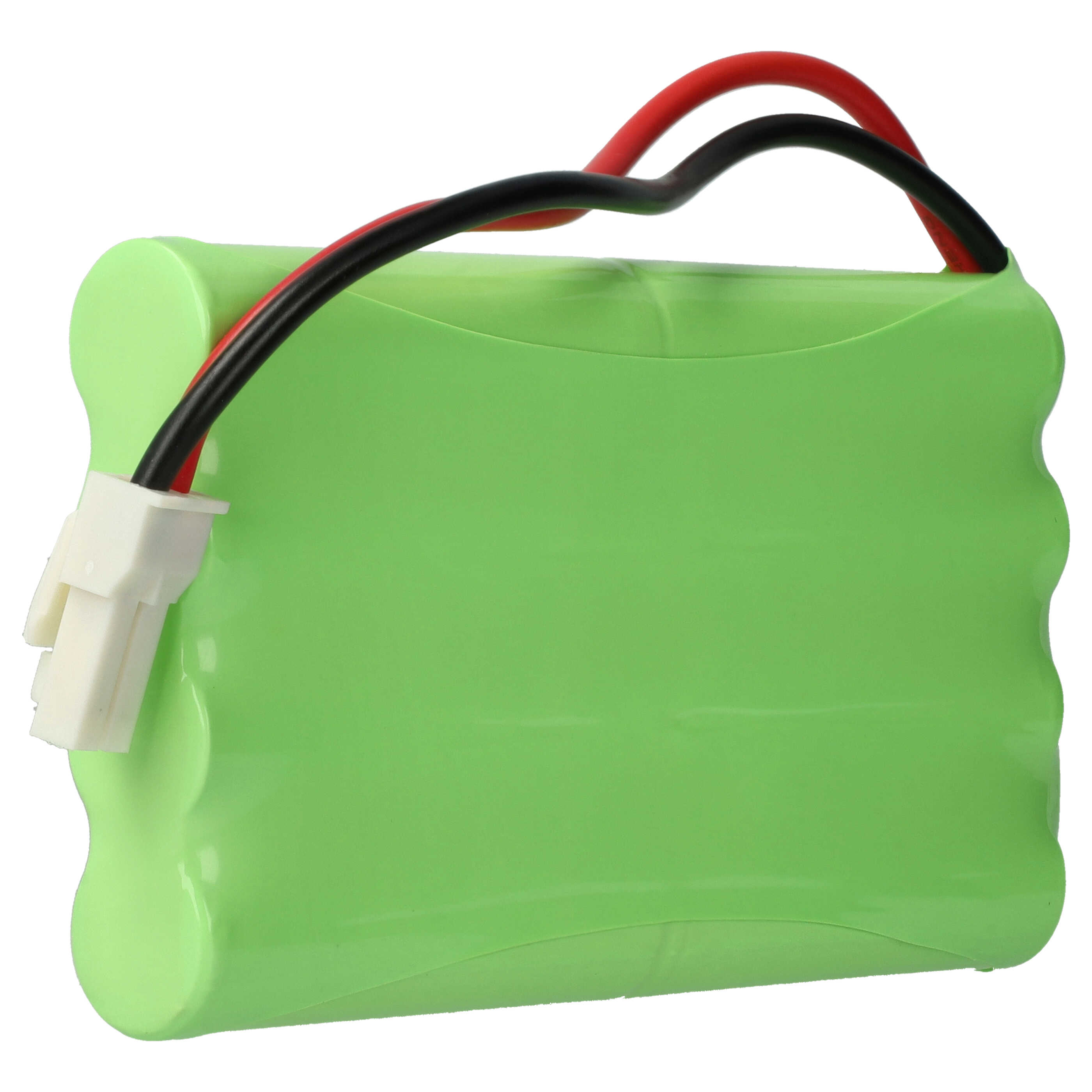 Ein grünes Akku-Pack mit schwarzen und roten Drähten und einem weißen Stecker. Der Hintergrund ist weiß.