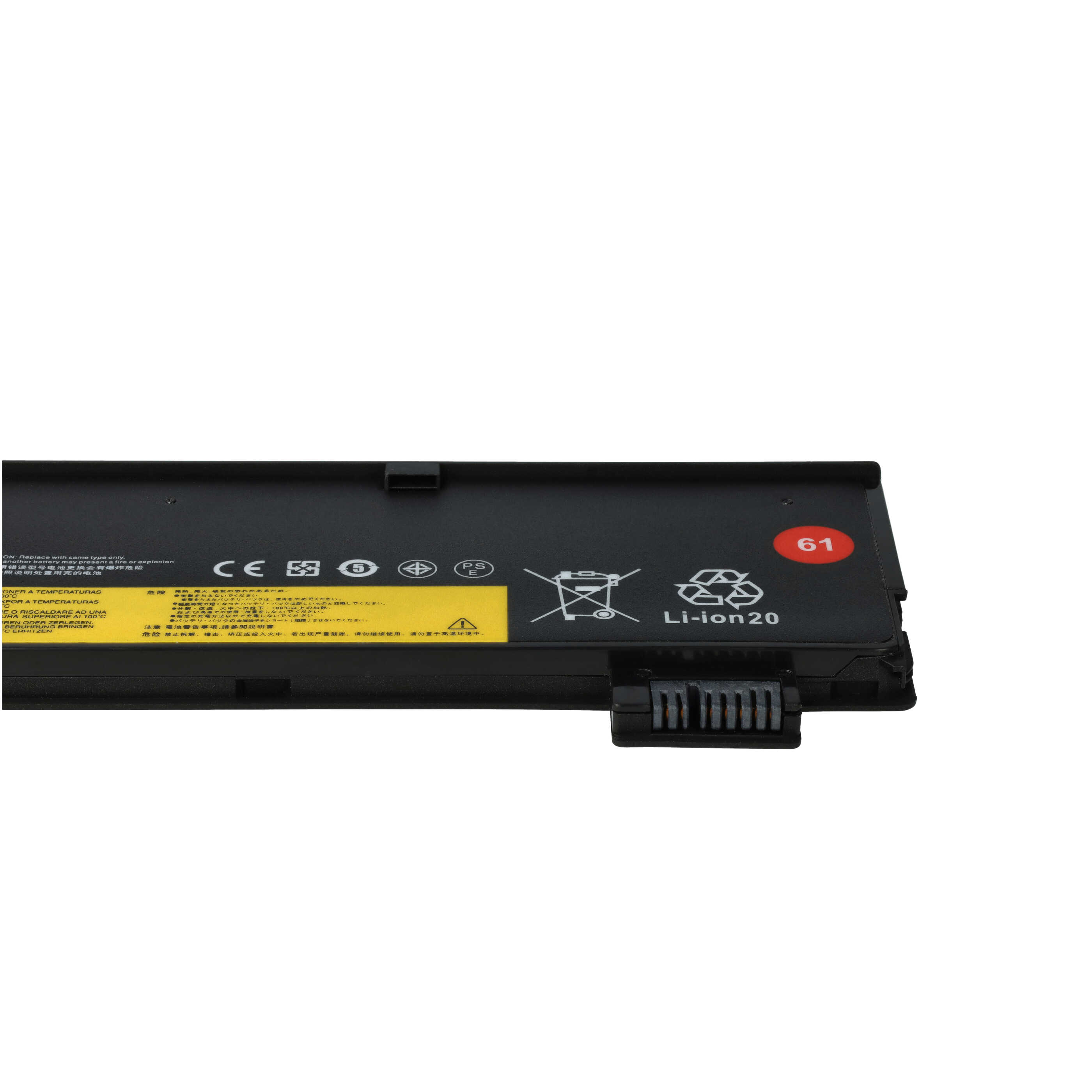 Ein schwarzer Laptop-Akku mit Warnhinweisen, Logos und der Nummer 61 auf einem roten Aufkleber.