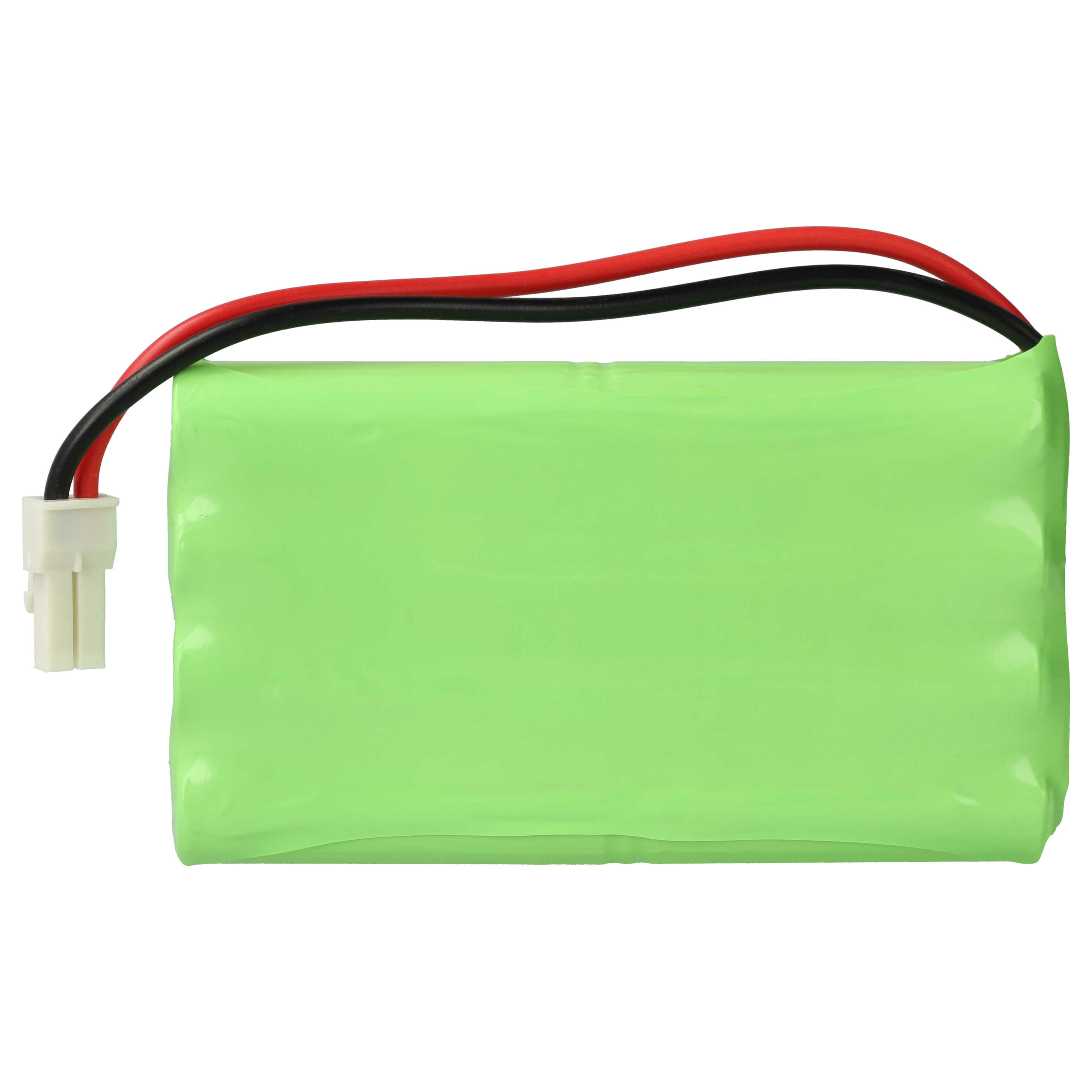 Ein grünes Batteriepack mit weißem Stecker und roten/schwarzen Drähten auf weißem Hintergrund.
