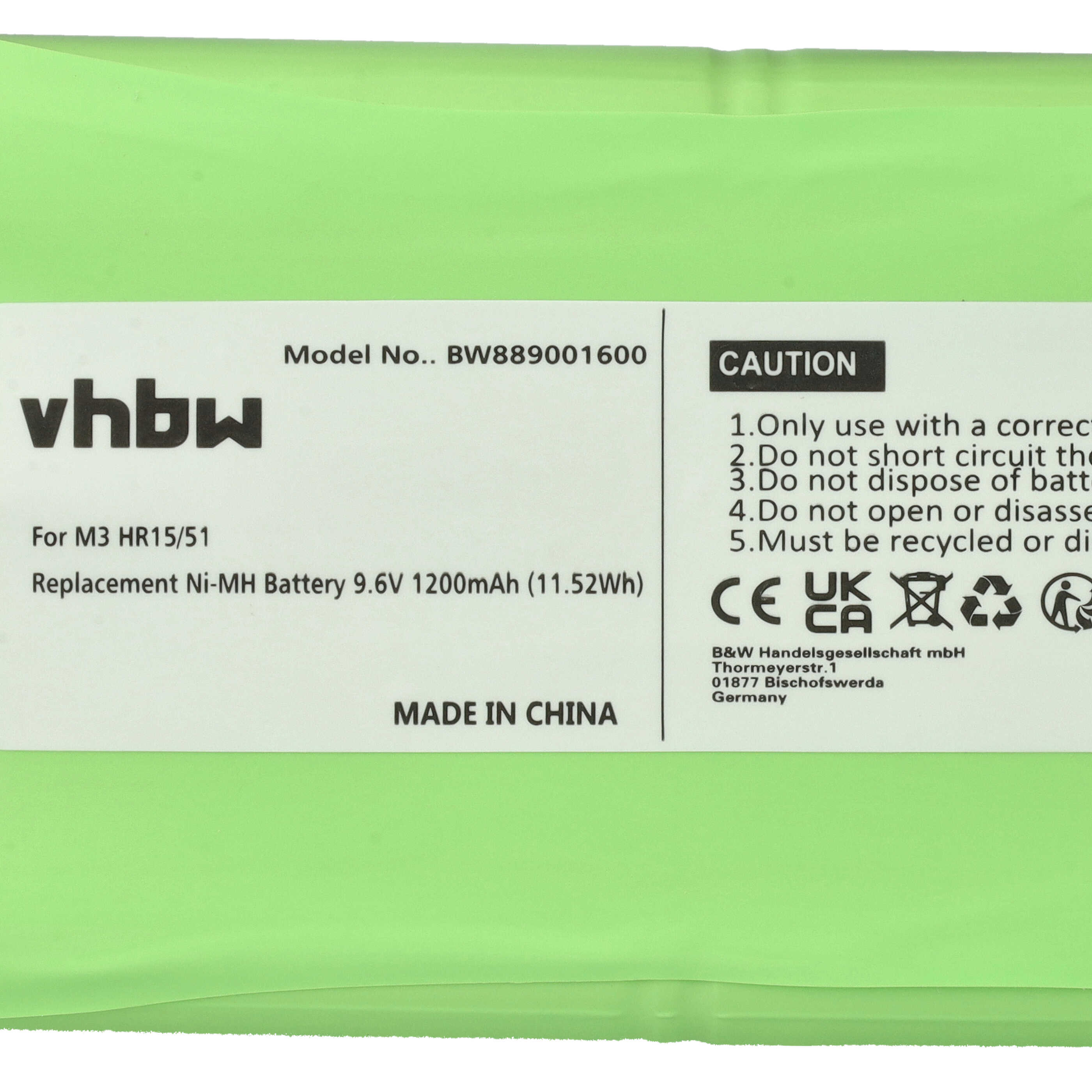 Ein grüner Akku mit Text, einschließlich der Marke 'vhbw', Modelldetails und Vorsichtshinweisen, hergestellt in China.