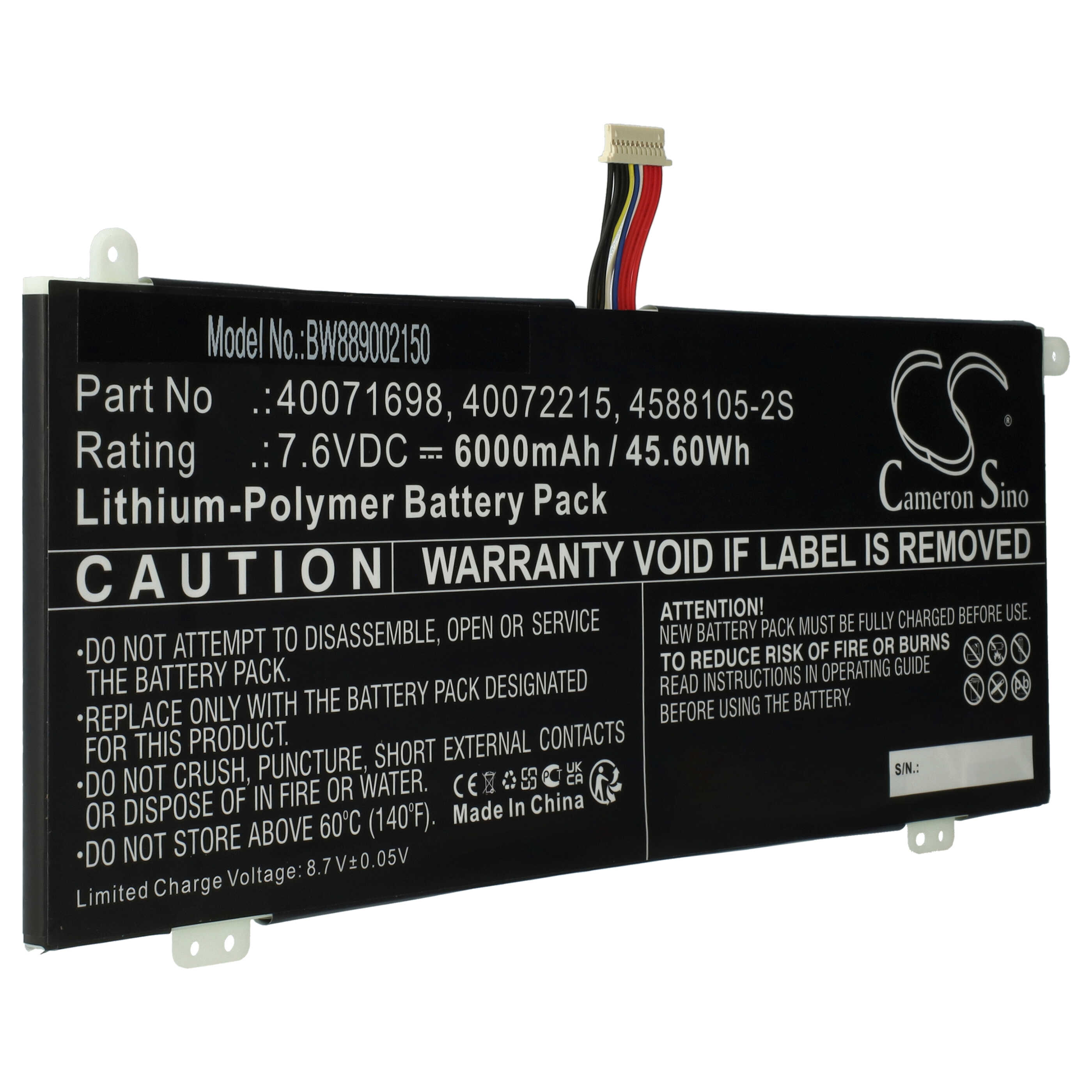 Schwarzer Lithium-Polymer-Akku mit weißem Text. Enthält Warnhinweise, Modell- und Teilenummern und einen Stecker.
