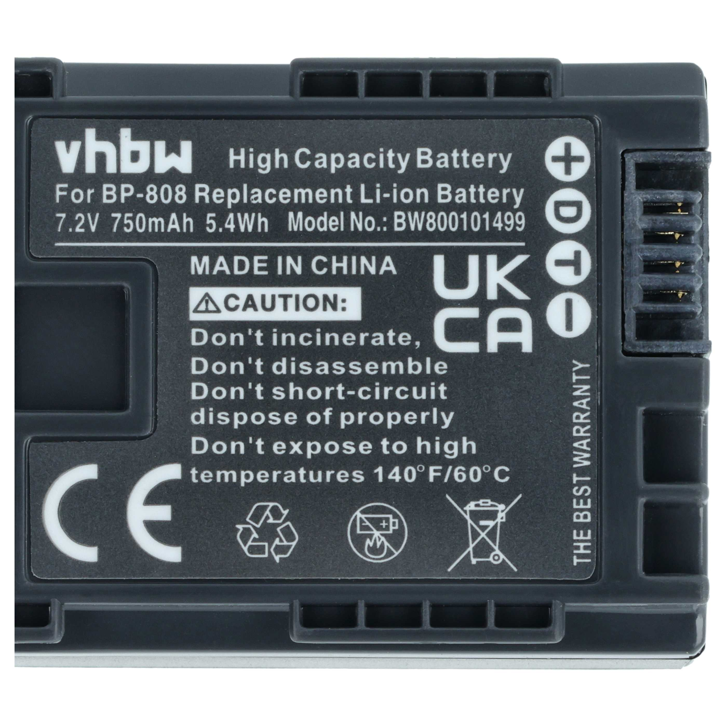 Ein schwarzer Akku mit weißem Text. Der Text lautet 'High Capacity Battery', '7,2 V 750 mAh' und 'MADE IN CHINA'. Warnsymbole sind vorhanden.