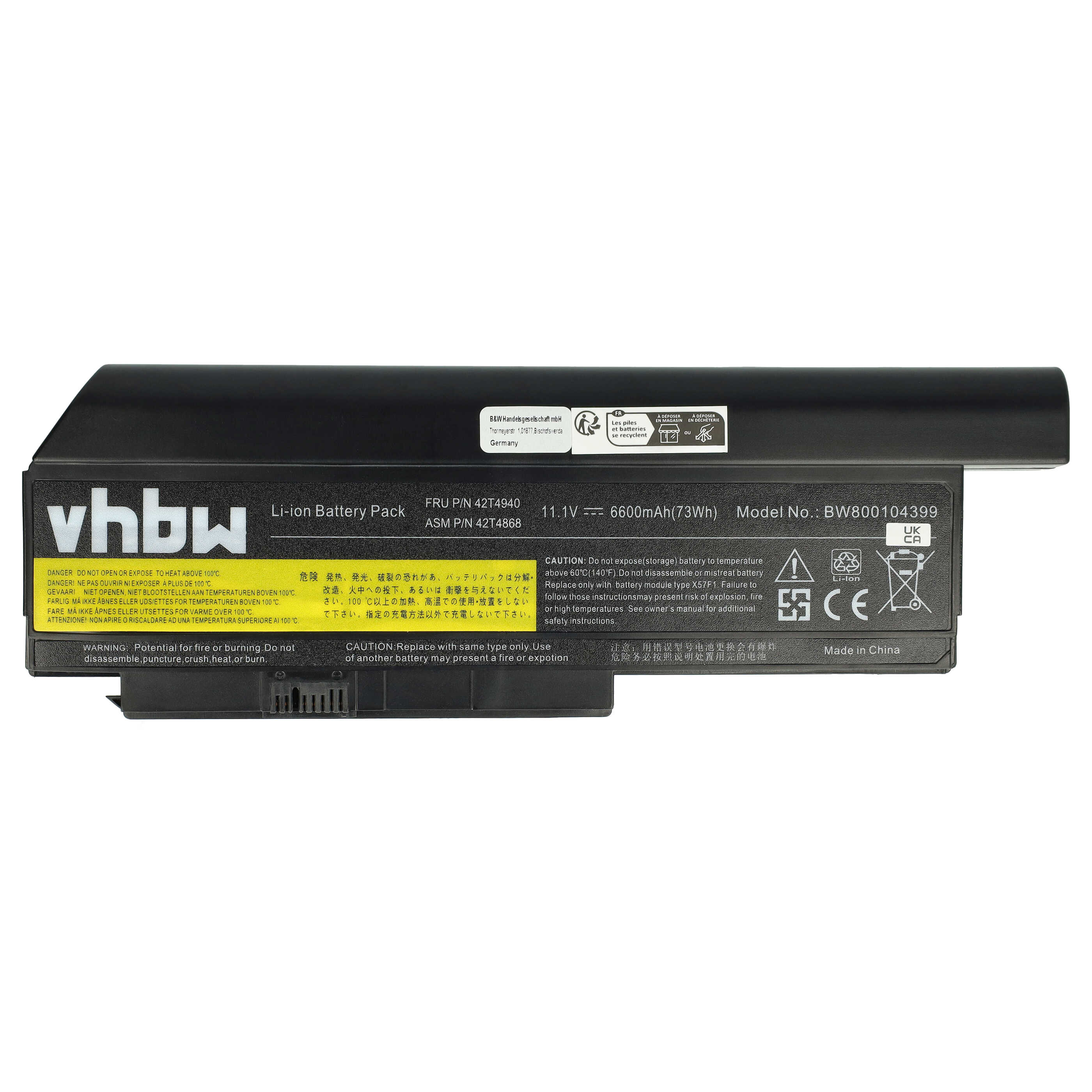 Schwarzer Laptop-Akku mit weißem Text und Warnhinweisen. Enthält Warn-, Vorsichts- und Recyclingsymbole.