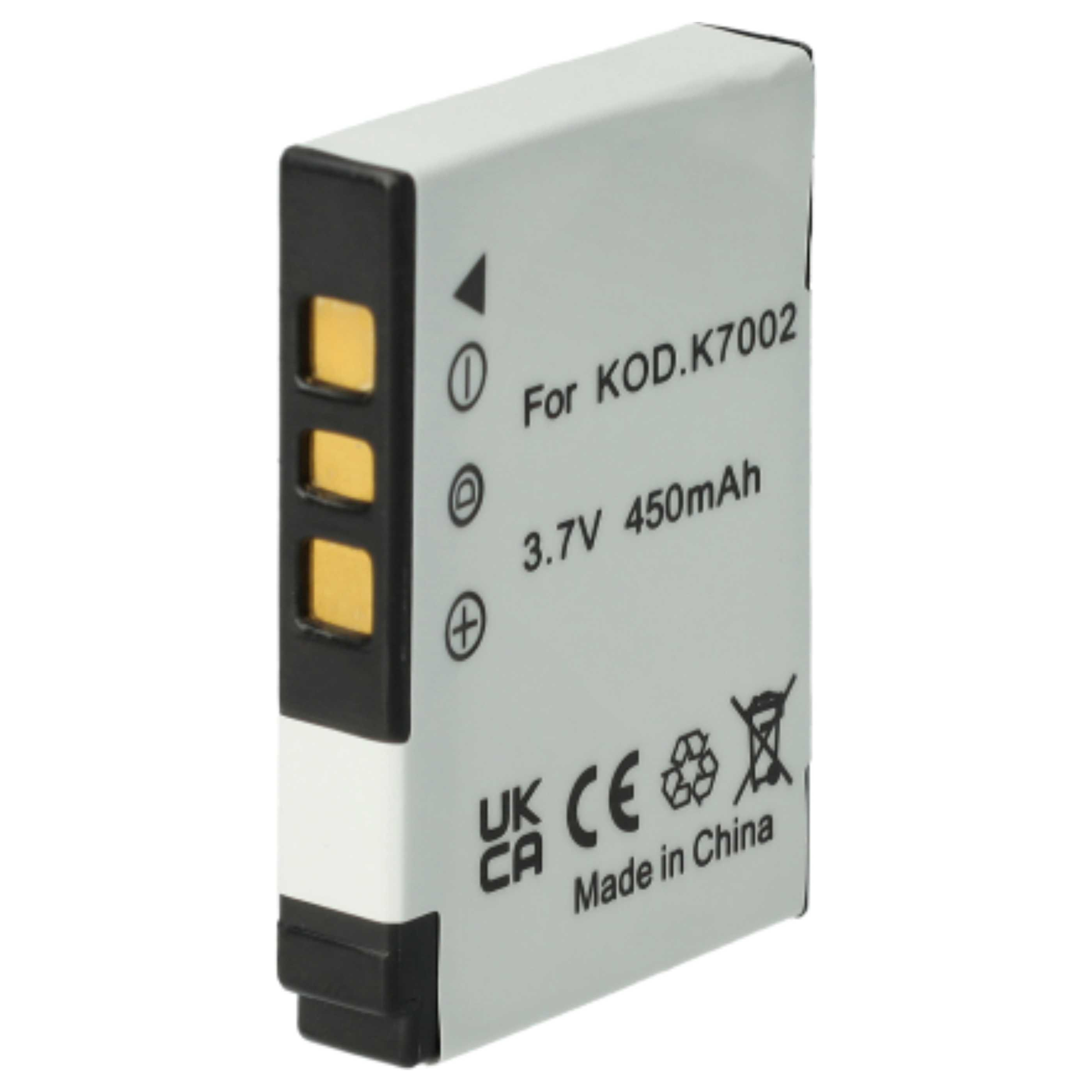 Ein rechteckiger Akku, hellgrau mit schwarzen und goldenen Akzenten. Text enthält 'For KOD.K7002', '3.7V 450mAh' und 'Made in China'.