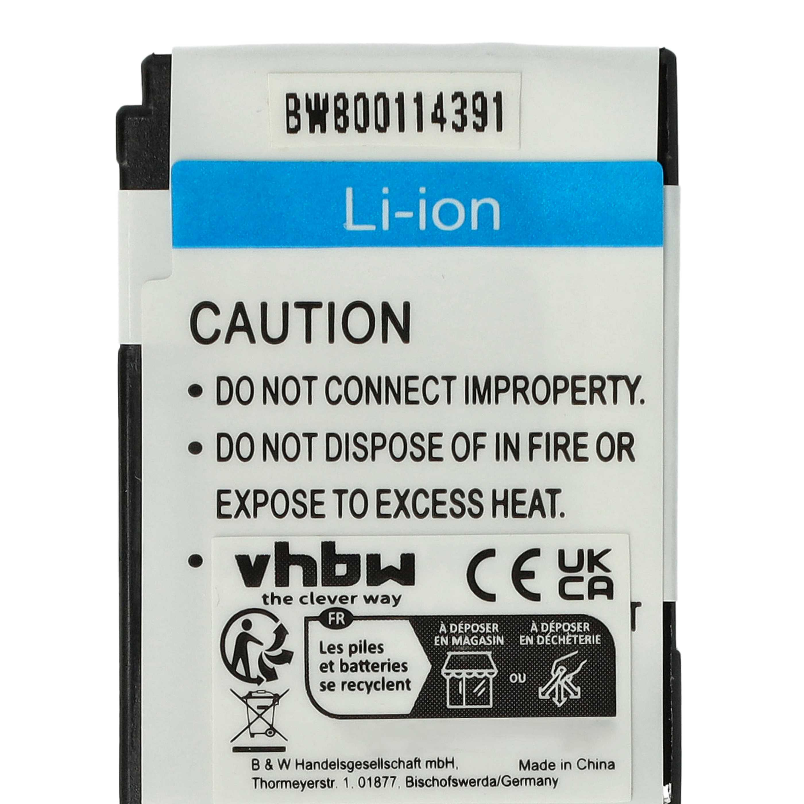 Ein Batterieetikett mit Text: Vorsicht, Li-Ion und Recycling-Symbolen. Es enthält auch Warnungen und Kontaktinformationen.