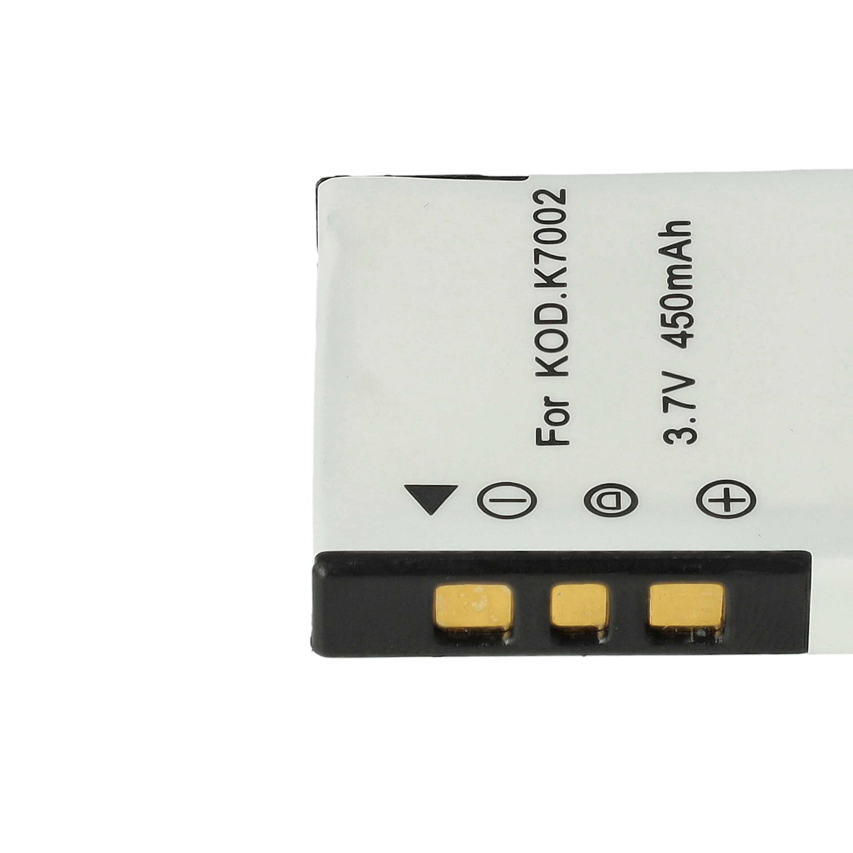 Nahaufnahme einer weißen Batterie mit Text: Für KOD.K7002, 3,7 V 450 mAh. Schwarzer Stecker mit Goldkontakten unten.