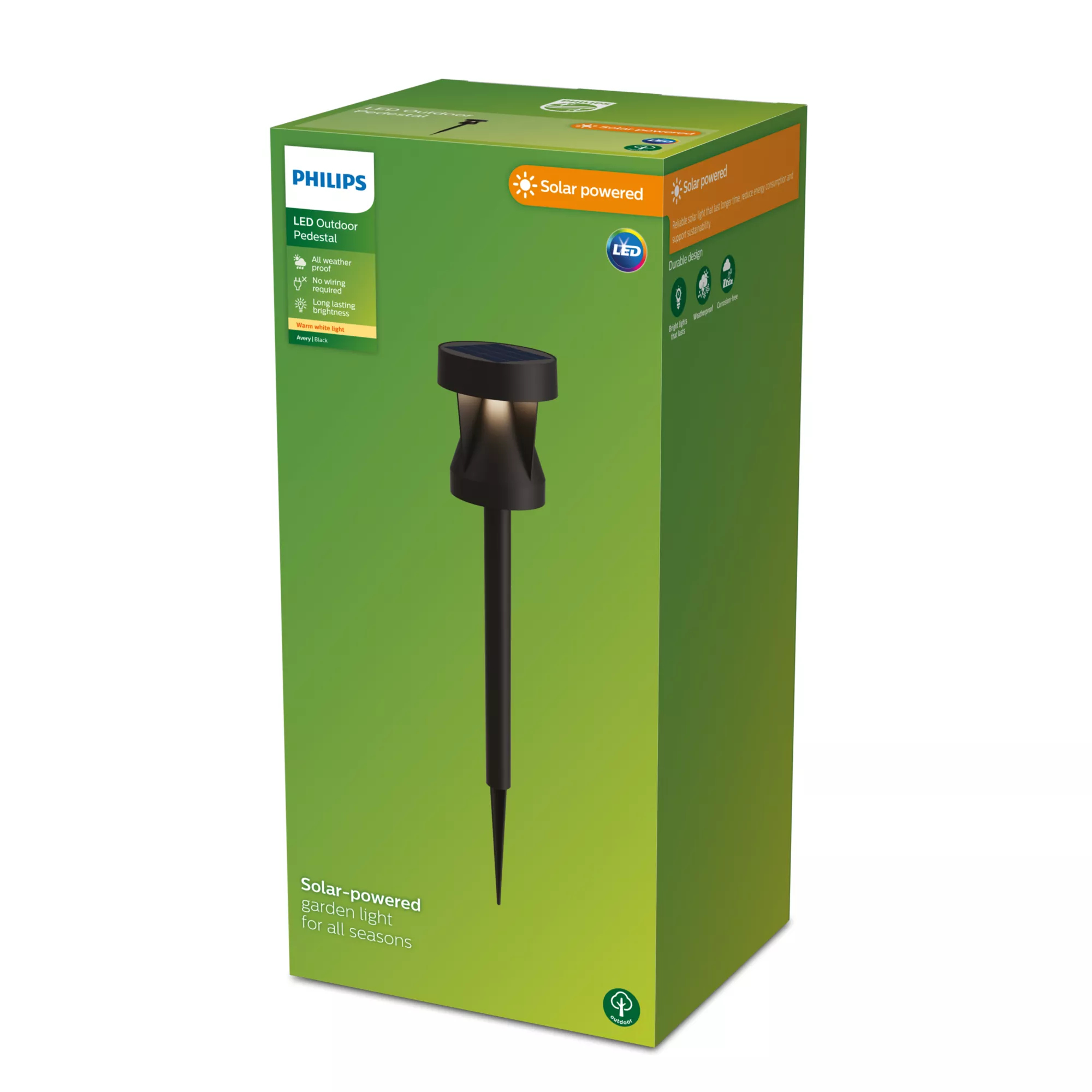 Karton zeigt eine schwarze Philips Solar-Gartenleuchte. Merkmale sind lange Helligkeit, keine Verkabelung und Wetterfestigkeit.