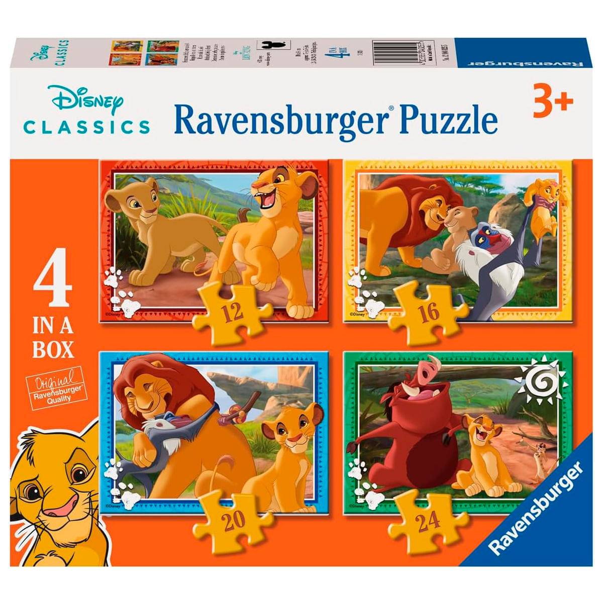 Una caja de rompecabezas de Disney Lion King. Contiene 4 rompecabezas, cada uno con una escena diferente de la película. Simba, Mufasa, Timón y Pumba.