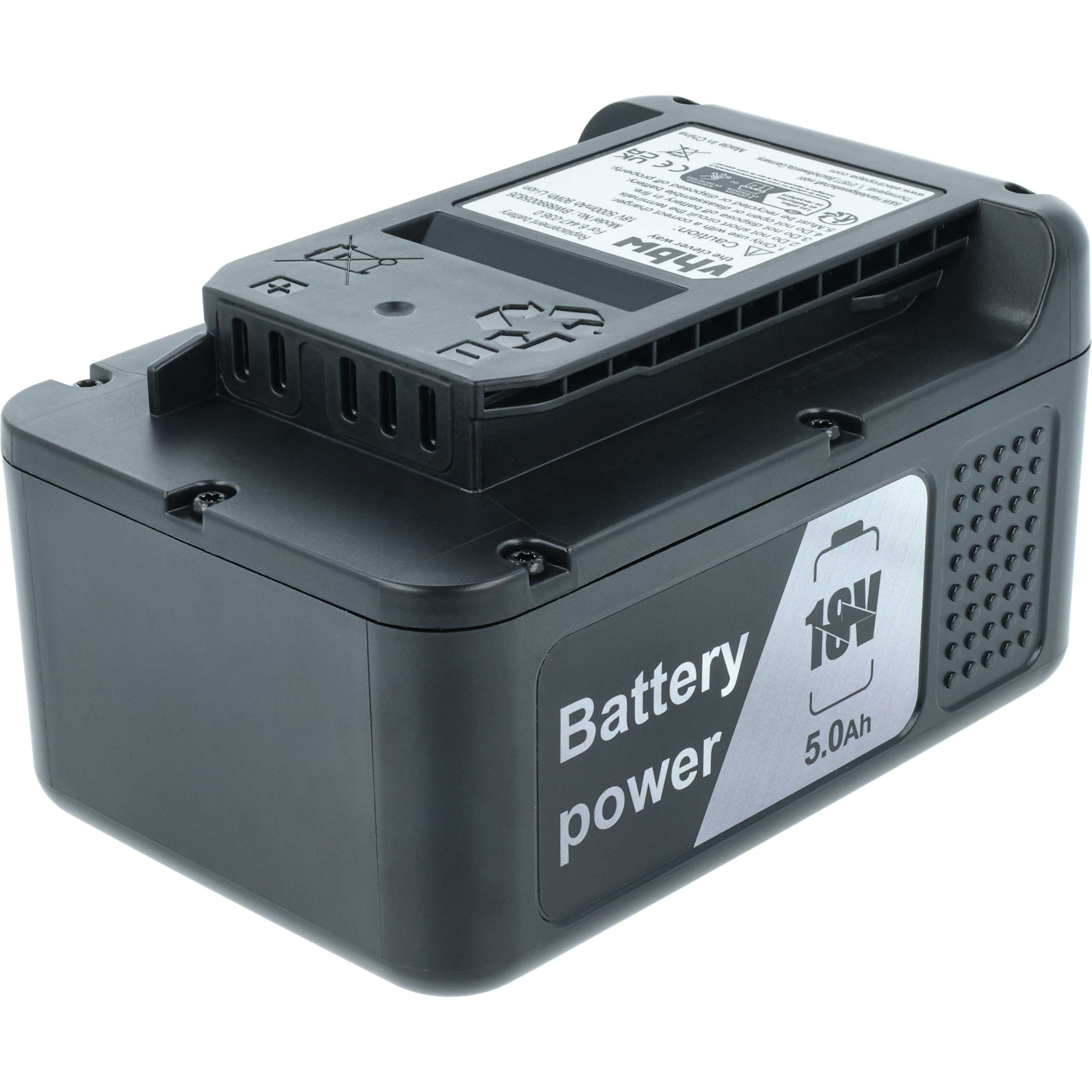 Ein schwarzes 18V-Akkupack mit silbernem Etikett. Auf der Seite steht 'Battery power' und '5.0Ah'.