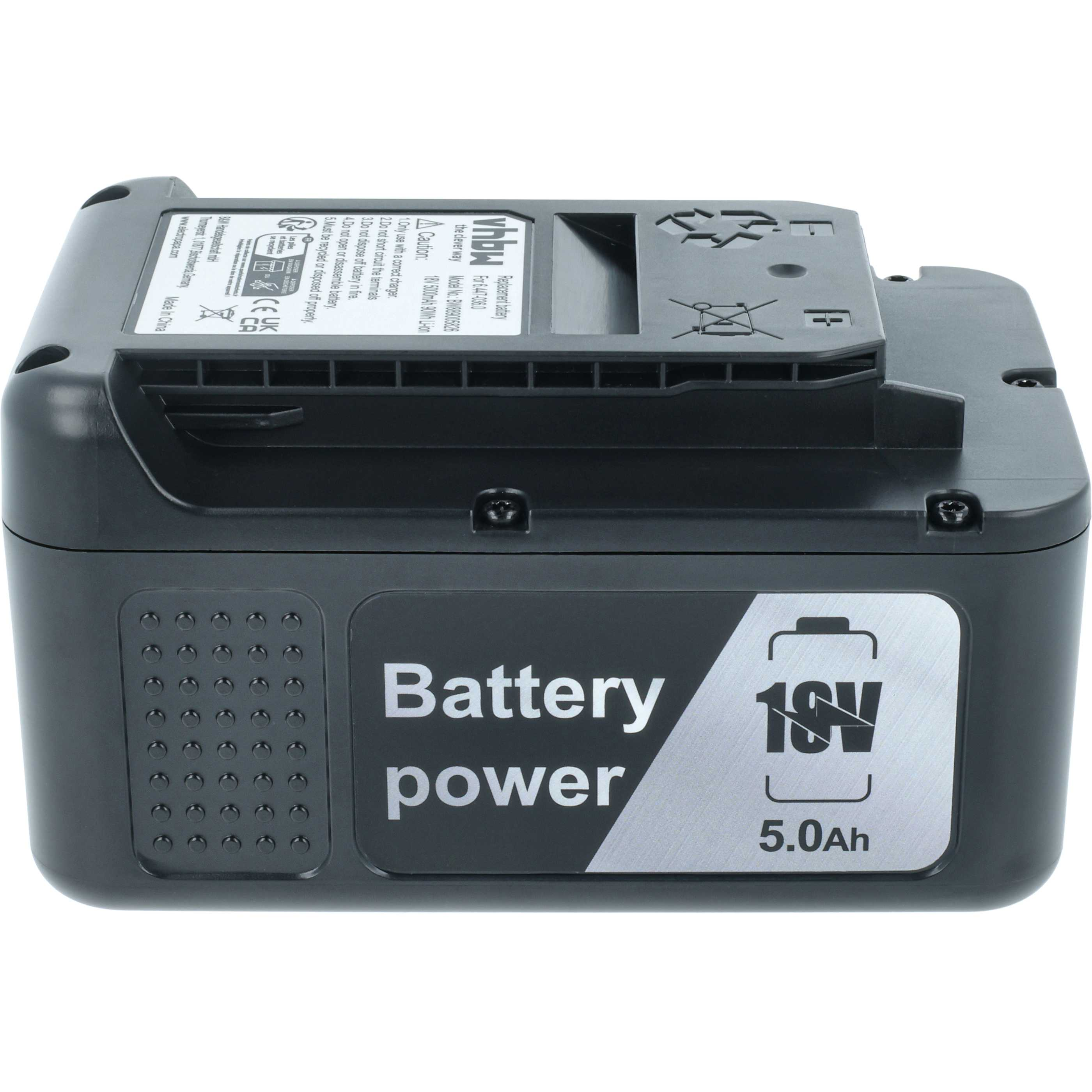 Schwarzer 18V 5,0Ah Akku. Er hat die Aufschrift 'Battery power' und '18V'. Das Etikett zeigt auch '5,0Ah'.
