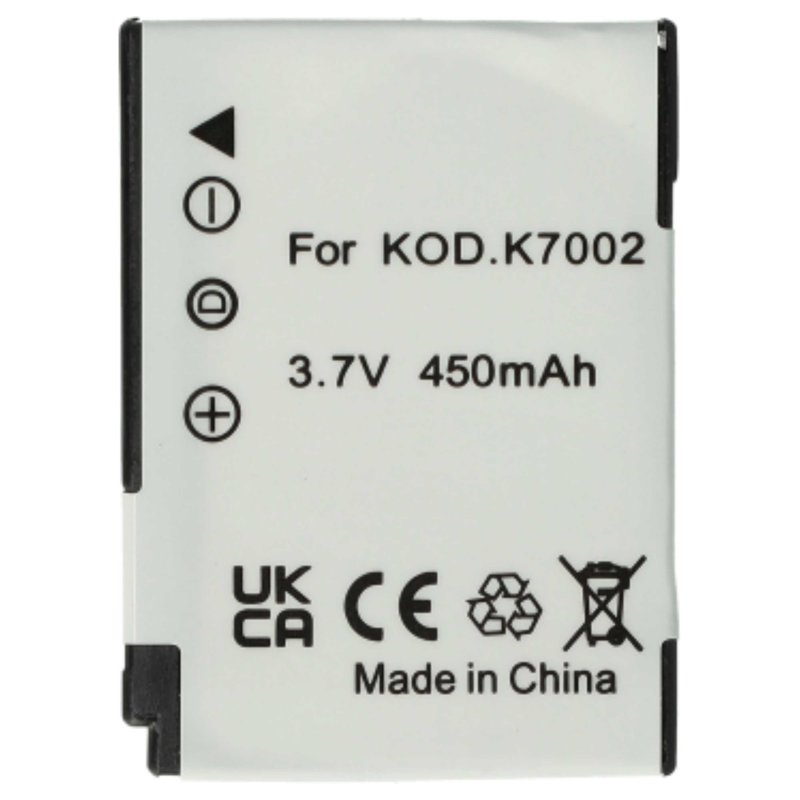 Ein weißer rechteckiger Akku mit schwarzen Rändern. Text enthält 'For KOD.K7002', '3.7V 450mAh' und 'Made in China'.