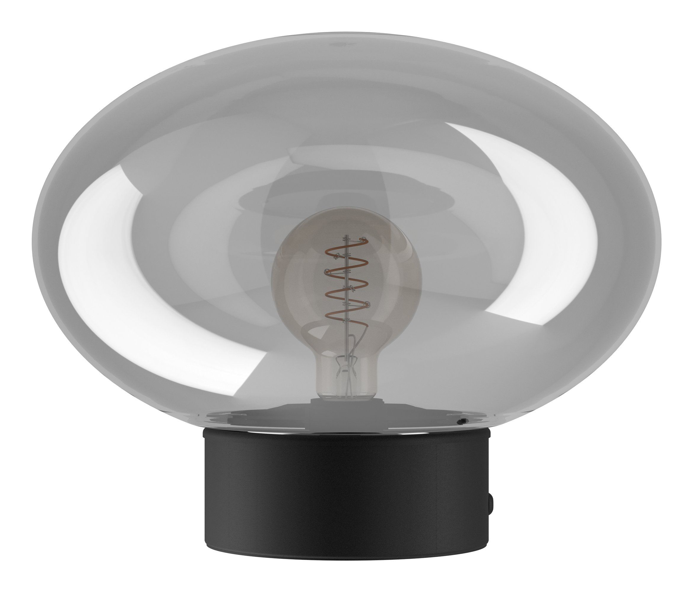 Eine kugelförmige Lampe mit klarem Glasschirm, in dem sich eine Wendelfadenlampe befindet, steht auf einem schwarzen zylindrischen Sockel.
