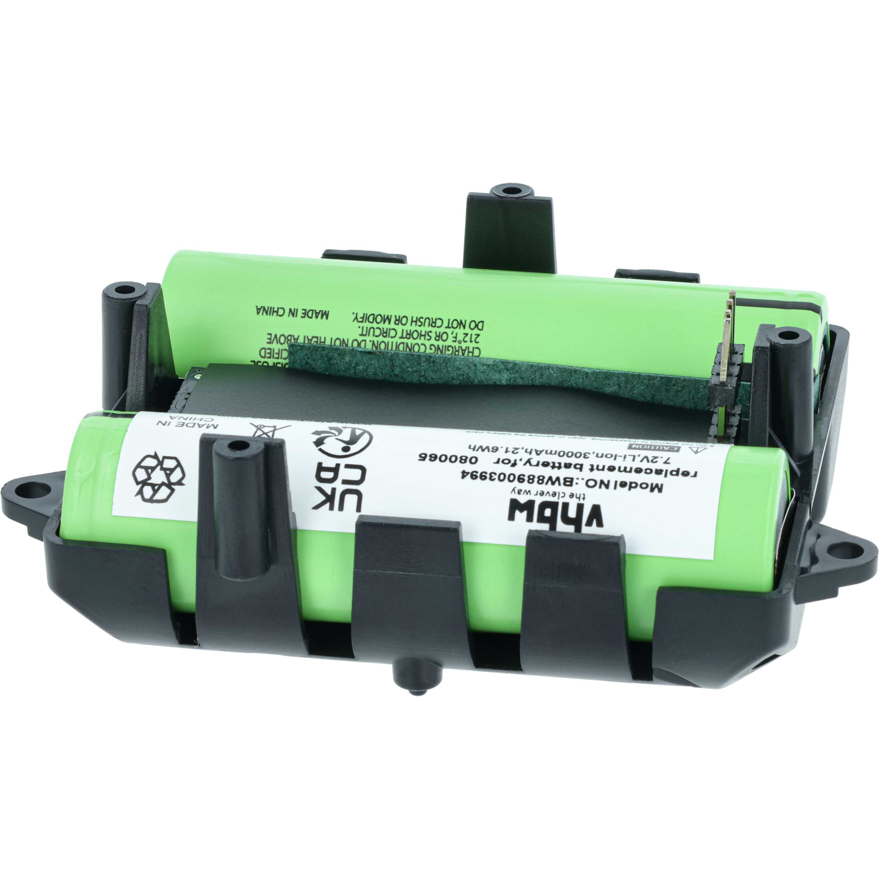 Ein Akkupack mit zwei grünen zylindrischen Batterien in einem schwarzen Kunststoffhalter. Etiketten sind auf den Batterien sichtbar.