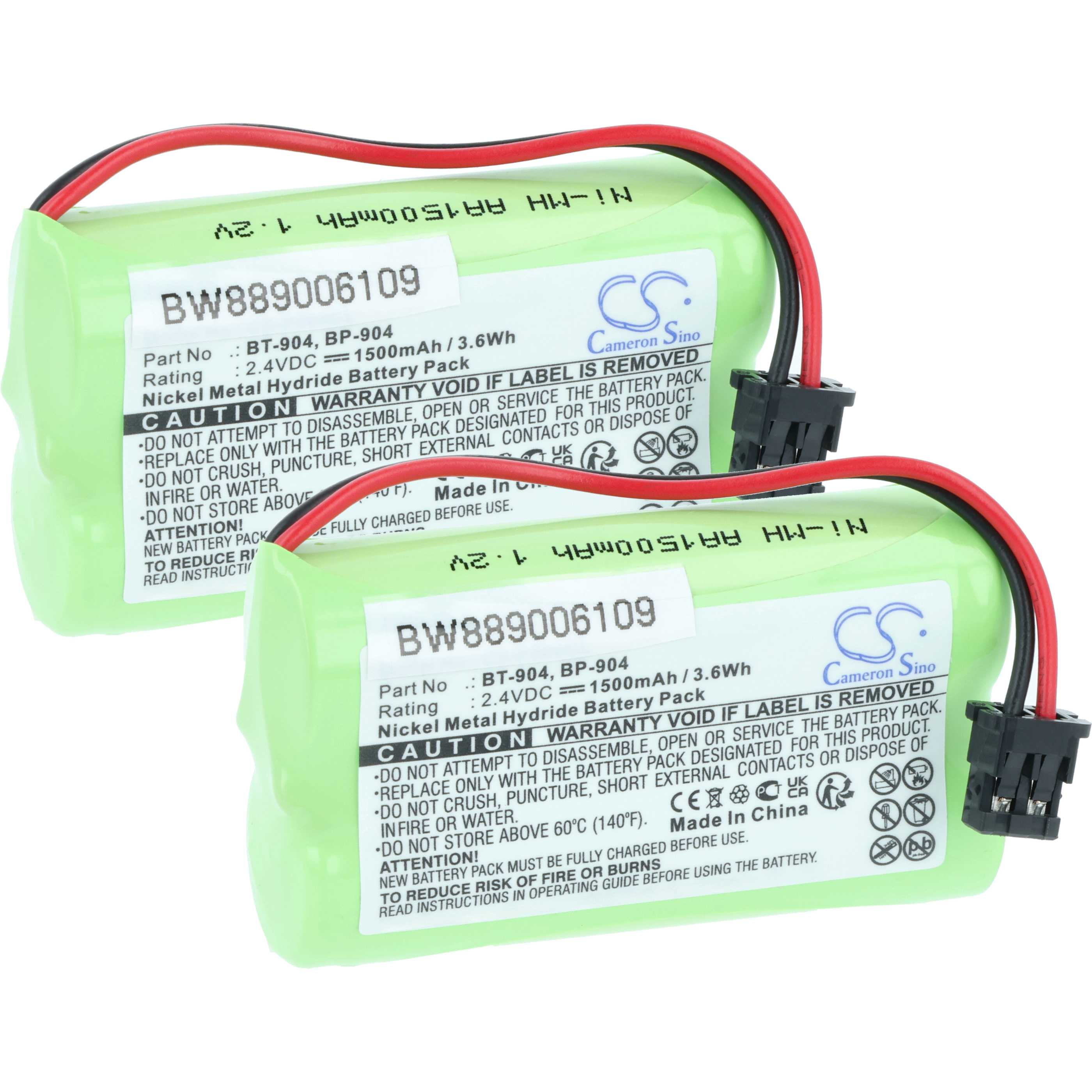Zwei grüne zylindrische Batterien mit schwarzen und roten Drähten. Jede hat ein Etikett mit Text und Warnungen.