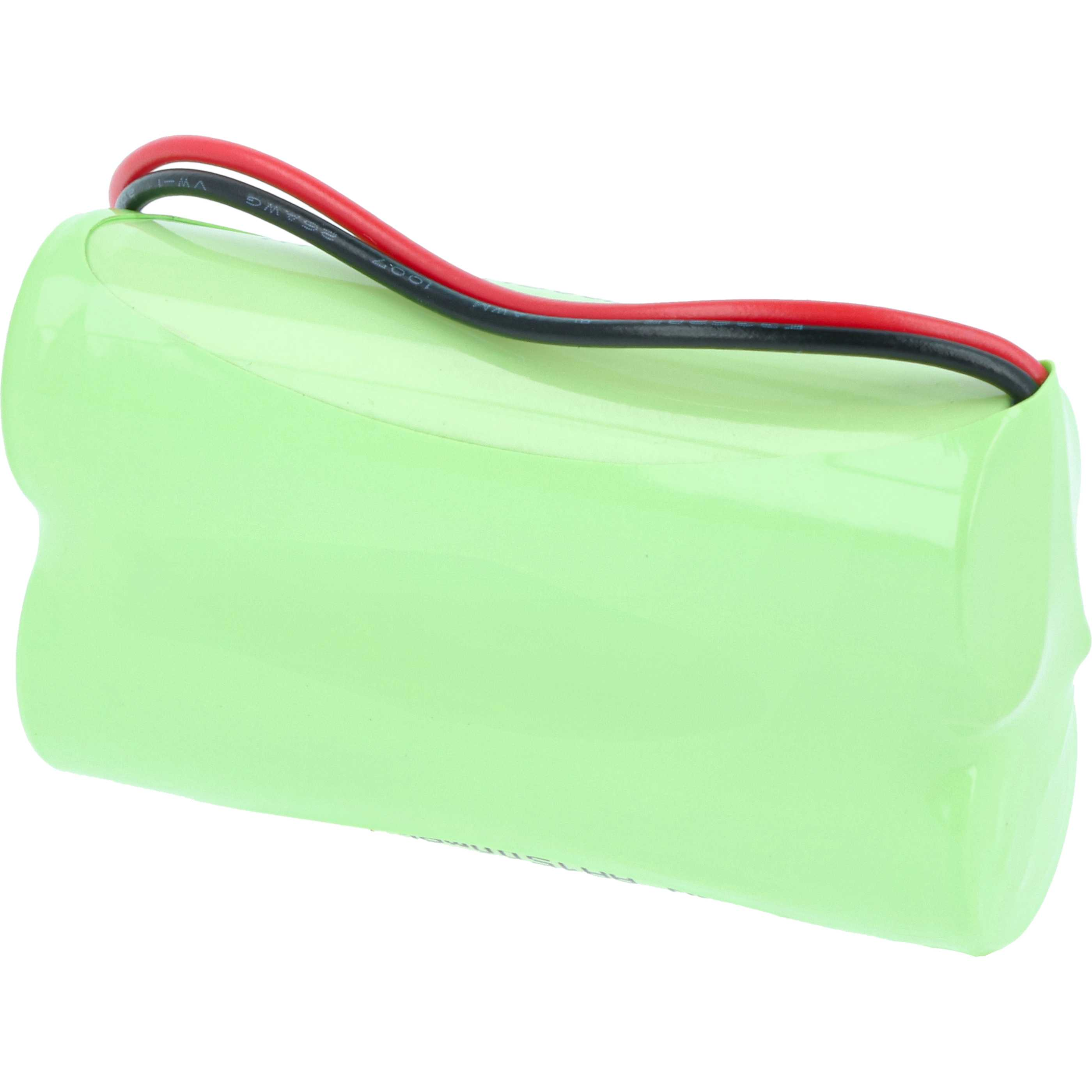 Eine hellgrüne Batterie mit roten und schwarzen Drähten. Die Batterie ist zylindrisch mit glatter Oberfläche, vor weißem Hintergrund.
