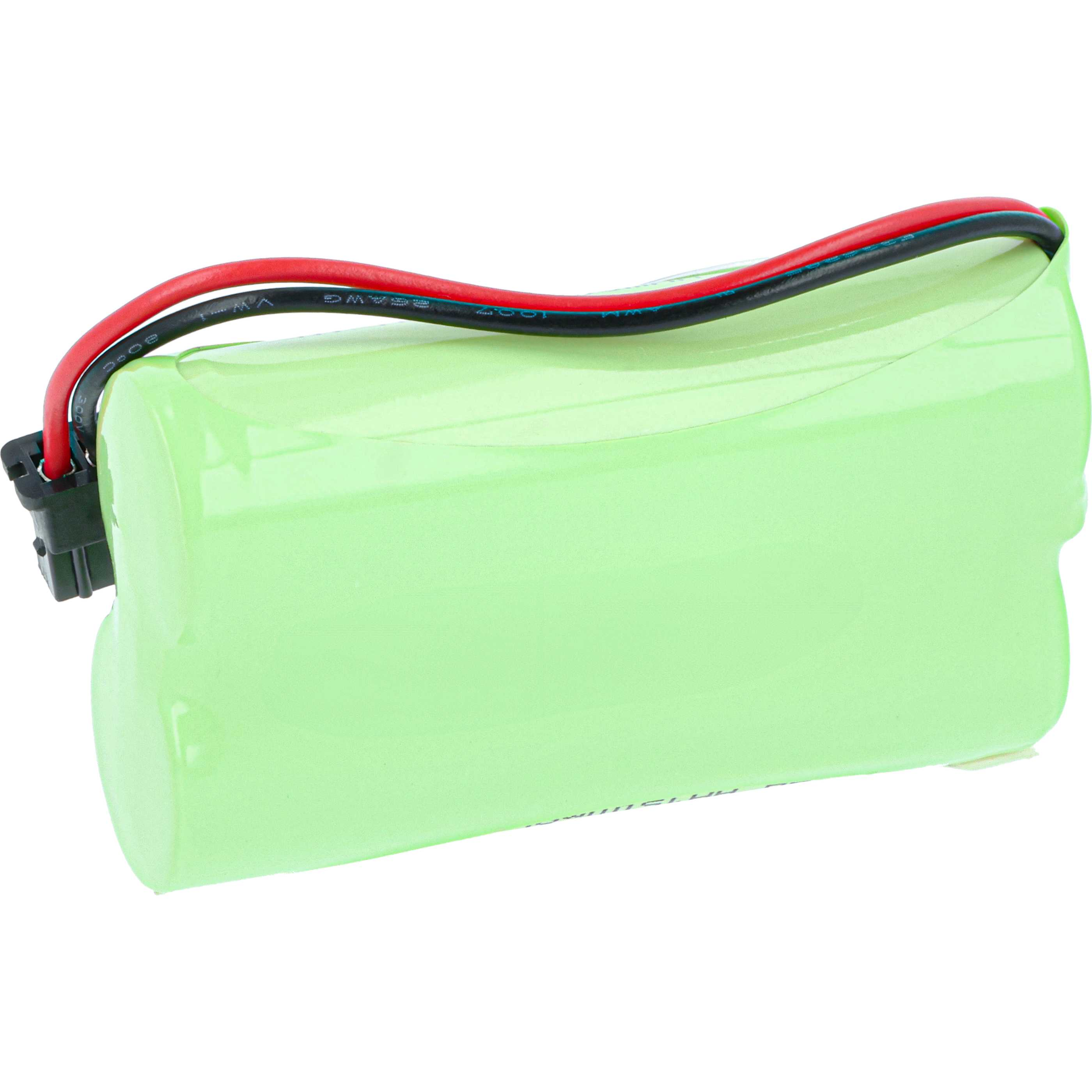 Eine grüne Batterie mit roten und schwarzen Drähten. Der Hintergrund ist weiß.