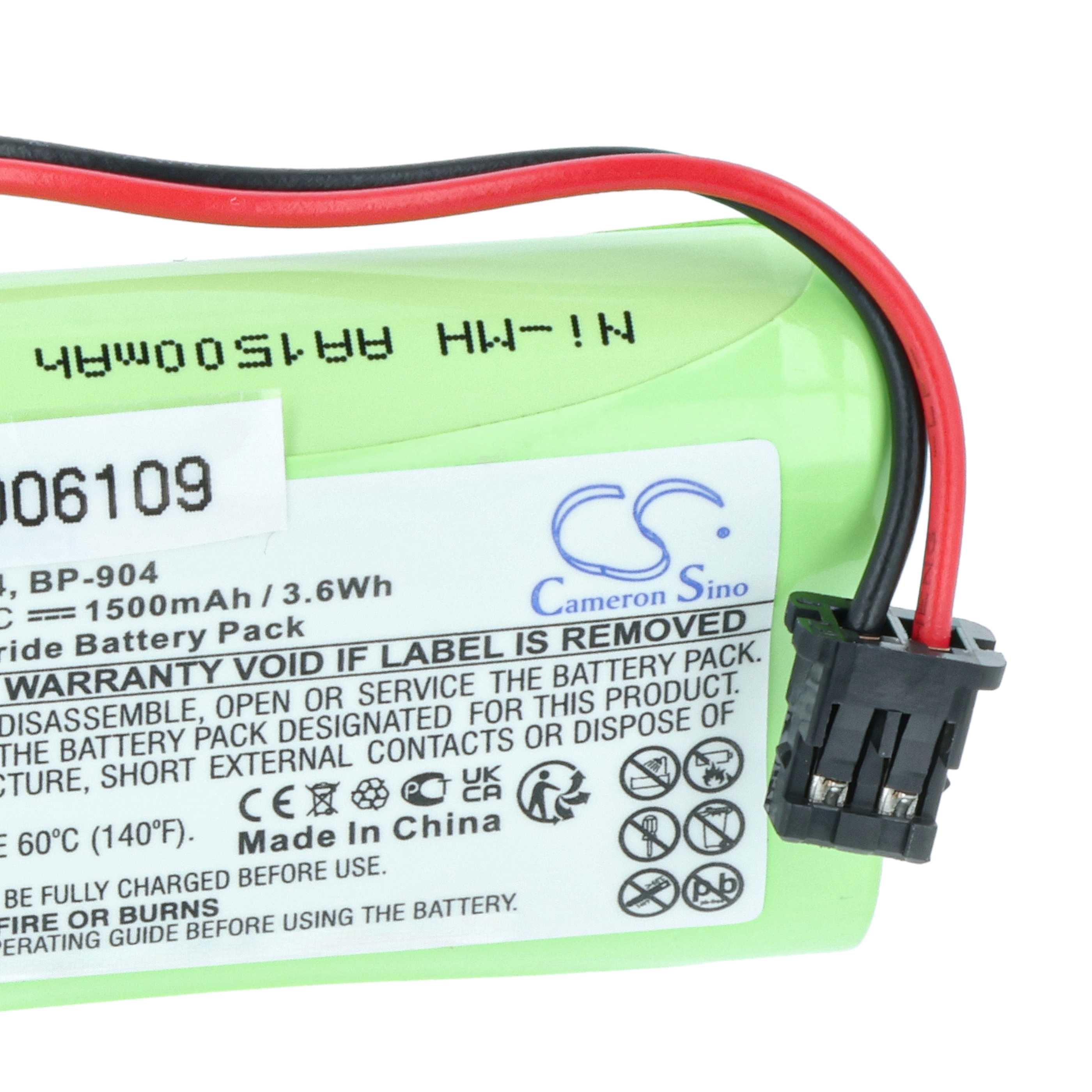 Ein Akkupack mit schwarzen und roten Drähten. Text auf der Batterie zeigt Spannung, Kapazität und Warnhinweise.