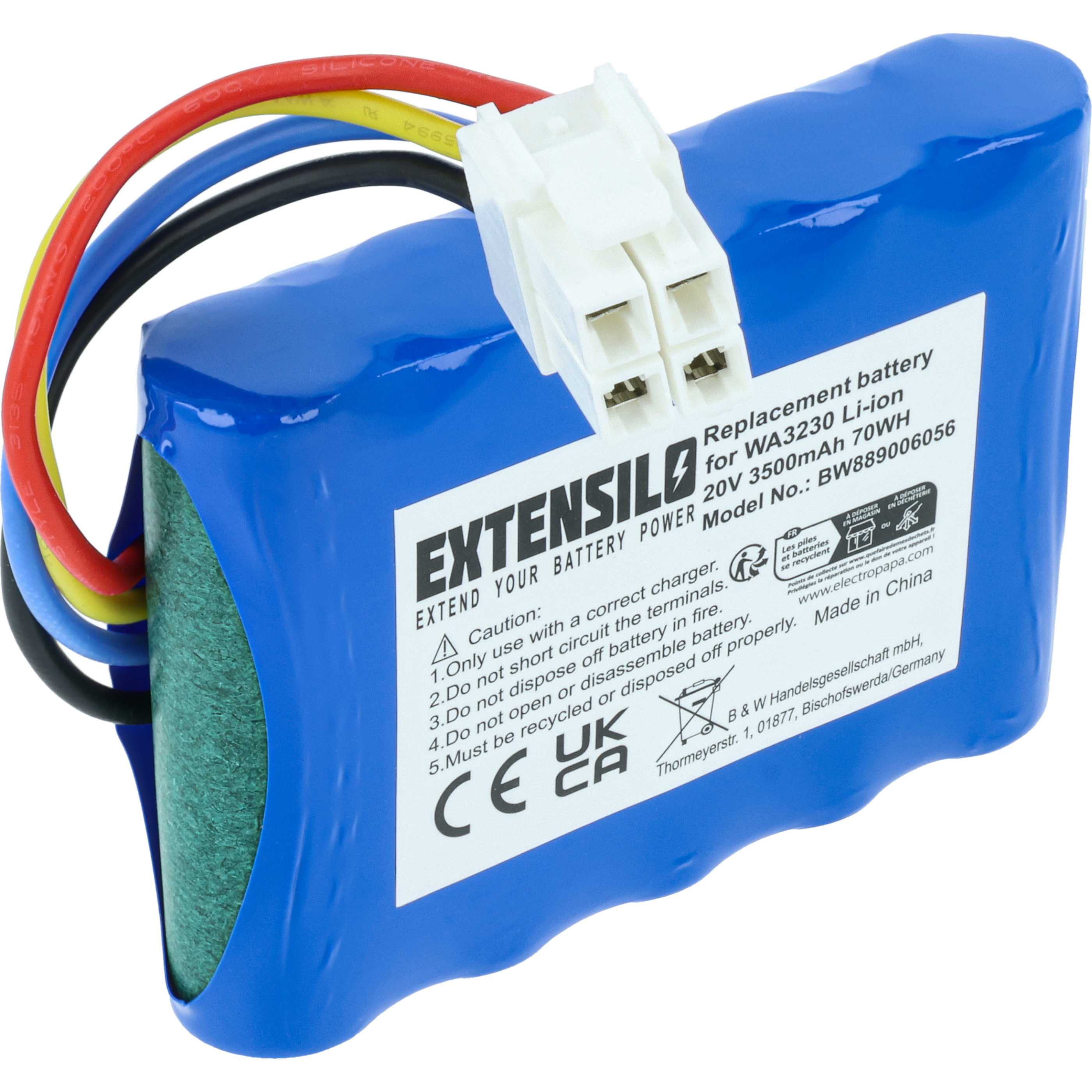 Blauer Akku mit weißem Stecker, Kabeln und Etikett. Das Etikett zeigt Extensilo und Ersatzbatterie.