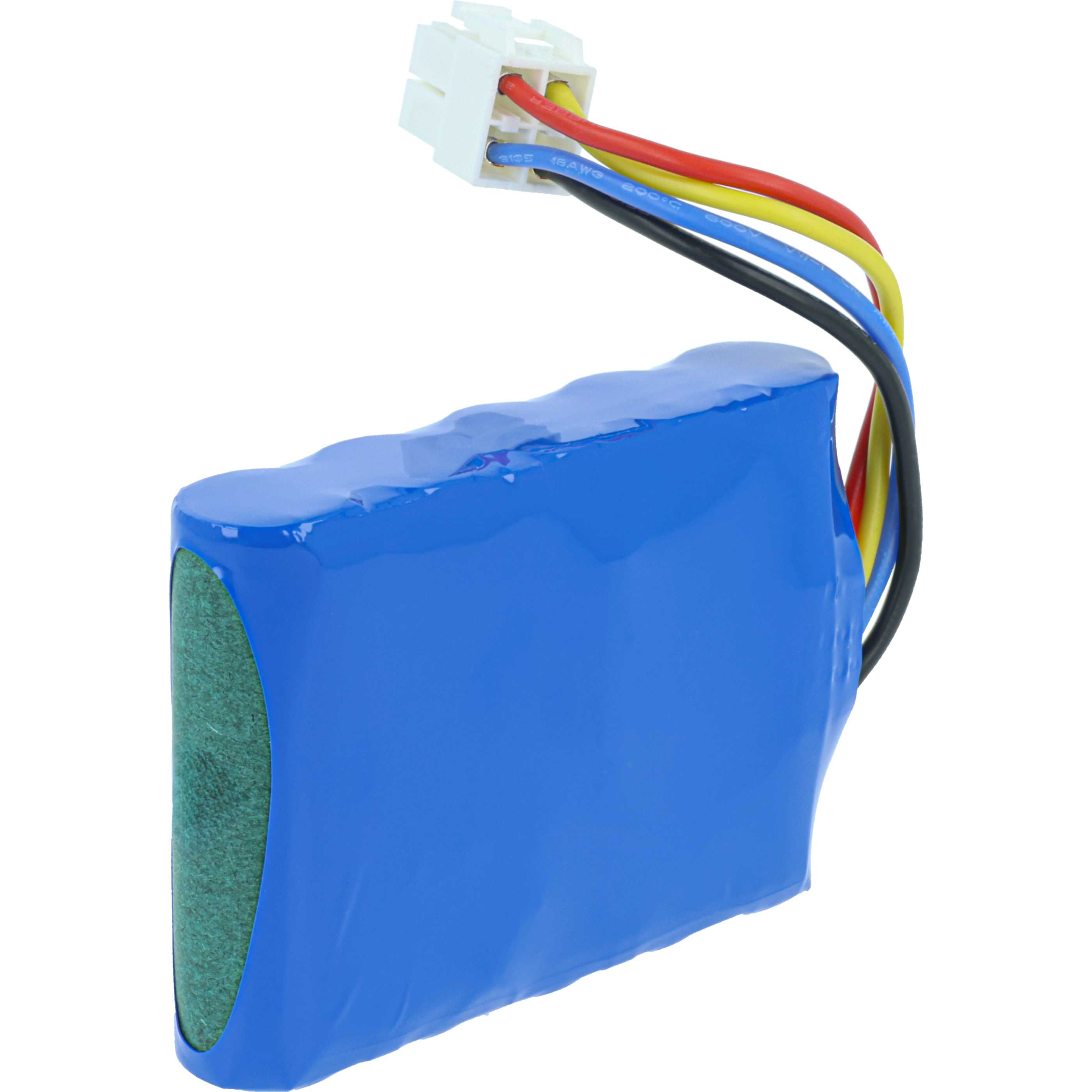 Ein blauer Akku mit weißem Stecker und farbigen Drähten. Der Akku hat eine grüne Seite. Die Drähte sind rot, gelb, schwarz und blau.