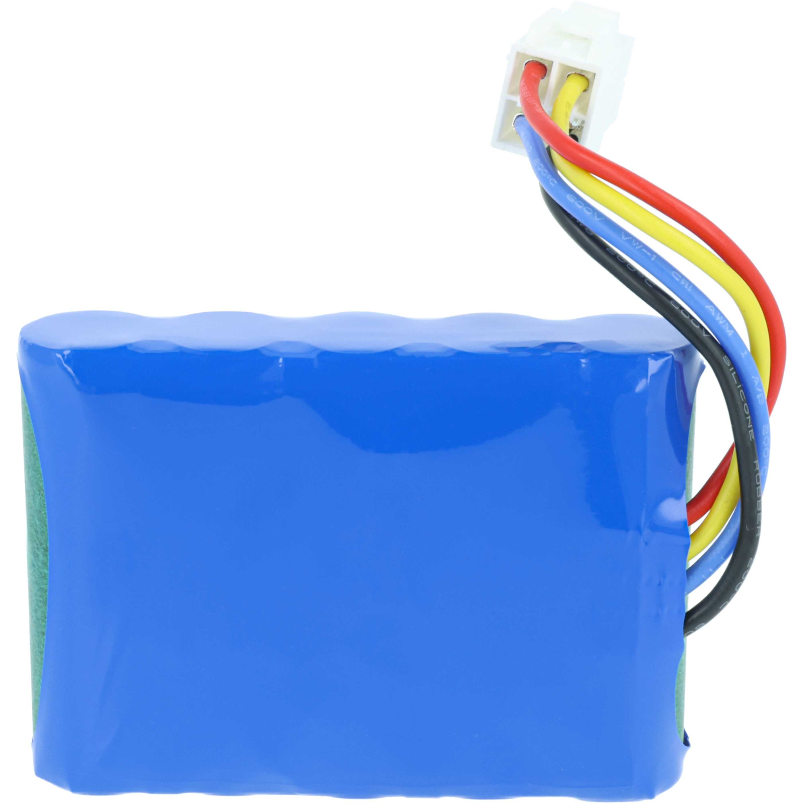 Ein blaues Akku-Pack mit farbigen Drähten, die mit einem weißen Stecker verbunden sind. Drähte: rot, gelb, blau und schwarz.